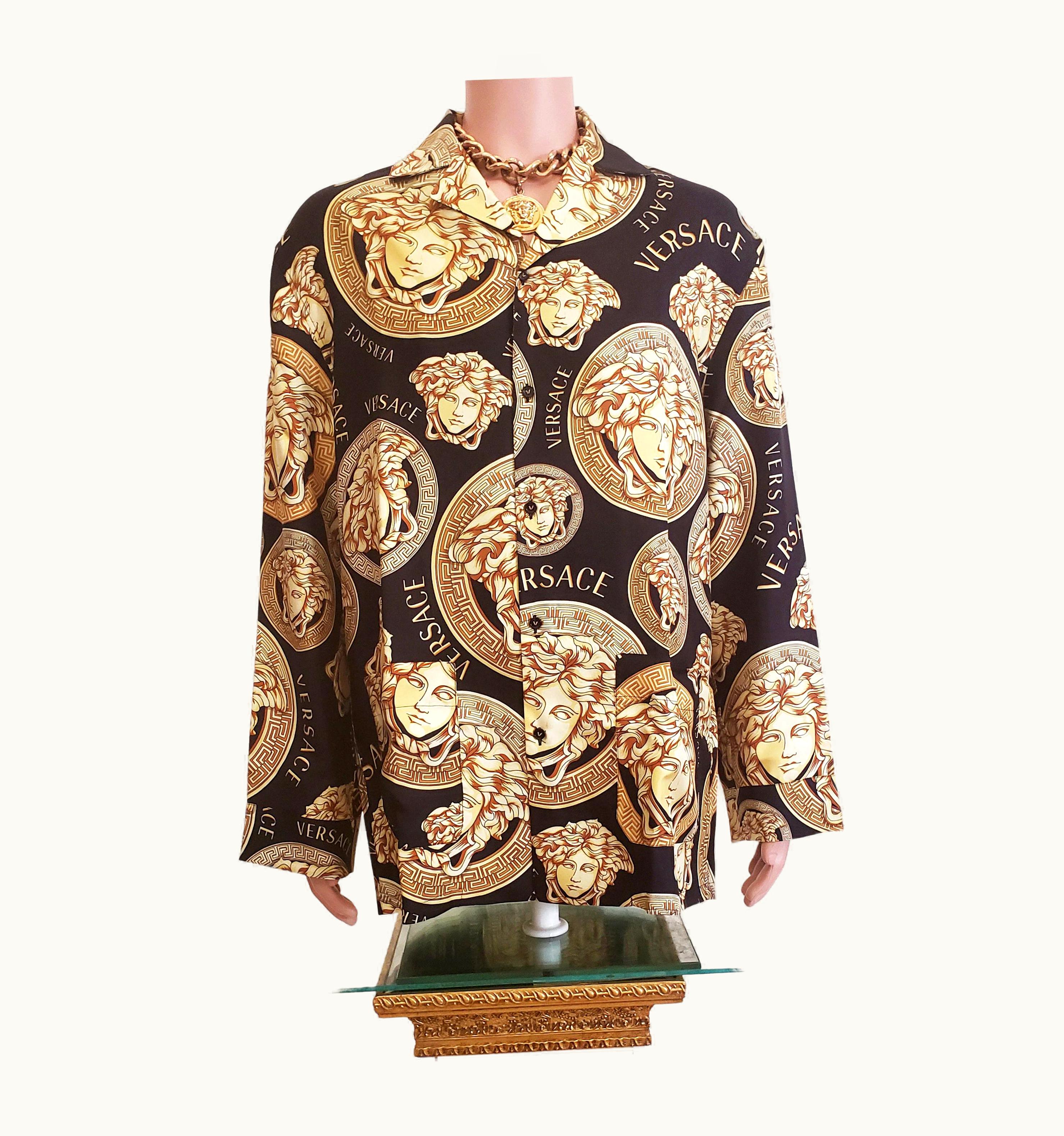 Versace Versace Black/gold Medusa Printed Silk Shirt It 50