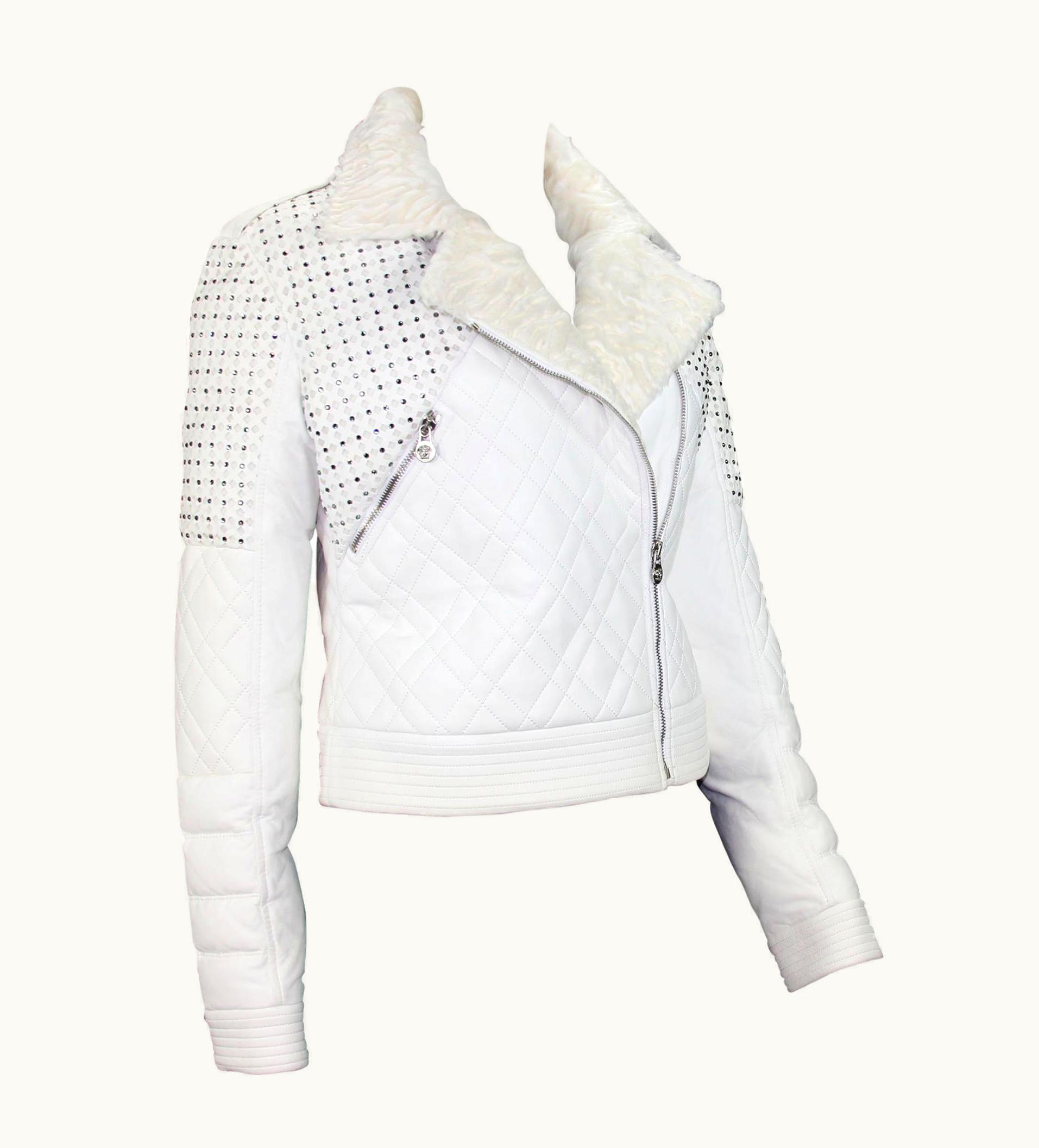 Versace Versace White Leather Fur Collar Beaded Down Jacket WS/S Swarovski Crystals