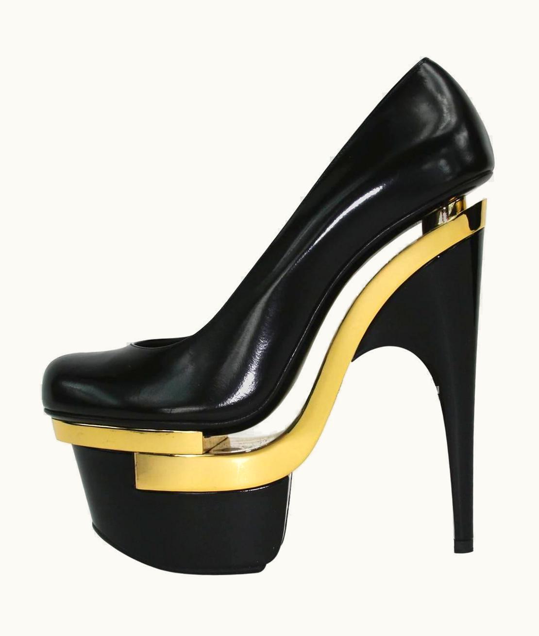 Versace Versace Black Gold Triple Platform Leather Pumps Sky High Heel Shoes UZ0579725