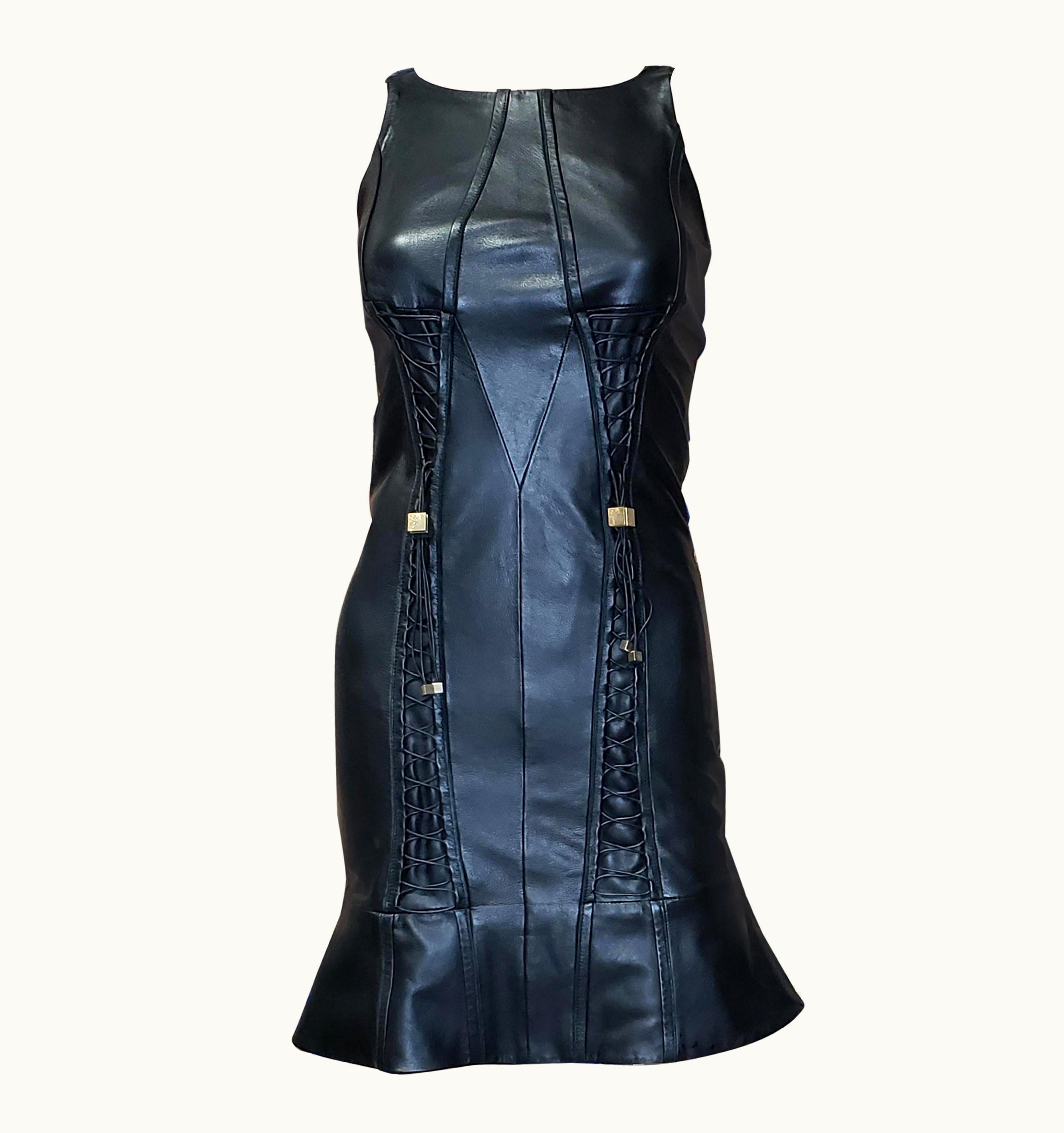 Versace Collection Black Leather Dress With Tassels