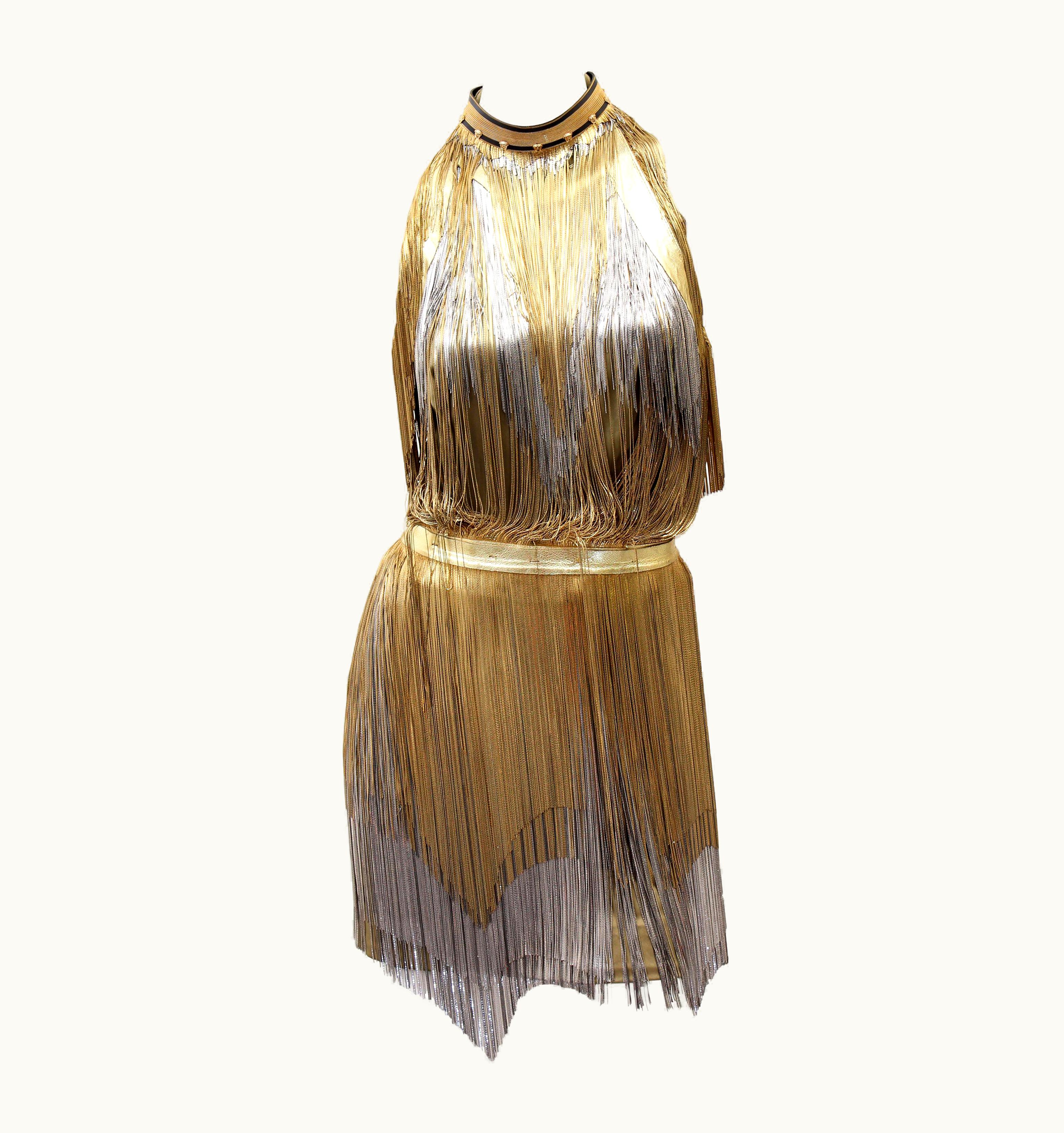 Versace Versace Atelier Gold Metal Fringe Tie Dyed Gabardine Dress