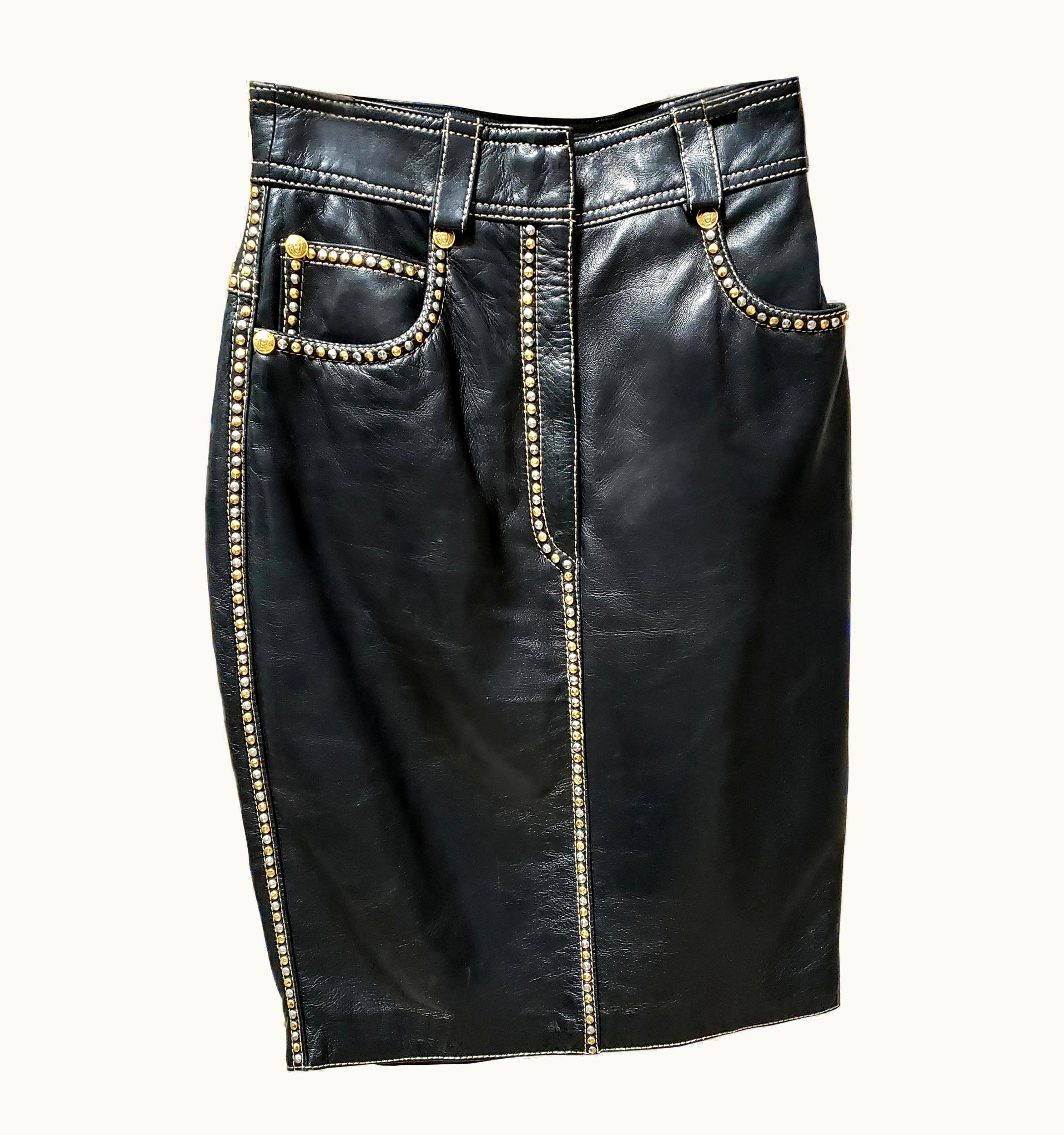 Vintage Gianni Versace Black Leather Skirt With Gold & Silver Tone Studs