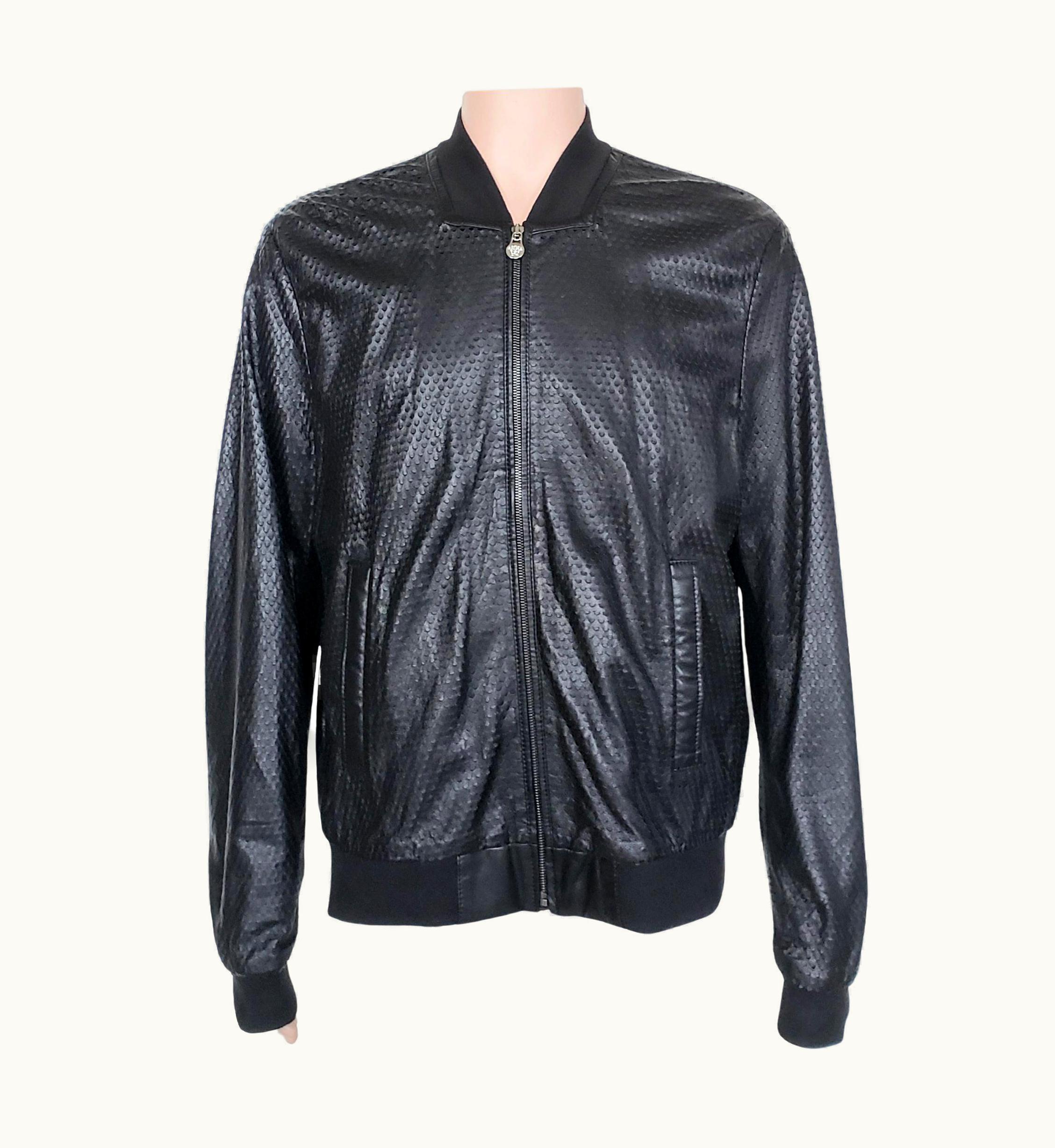 Versace Collection Perforated Lamb Leather Black Bomber Jacket