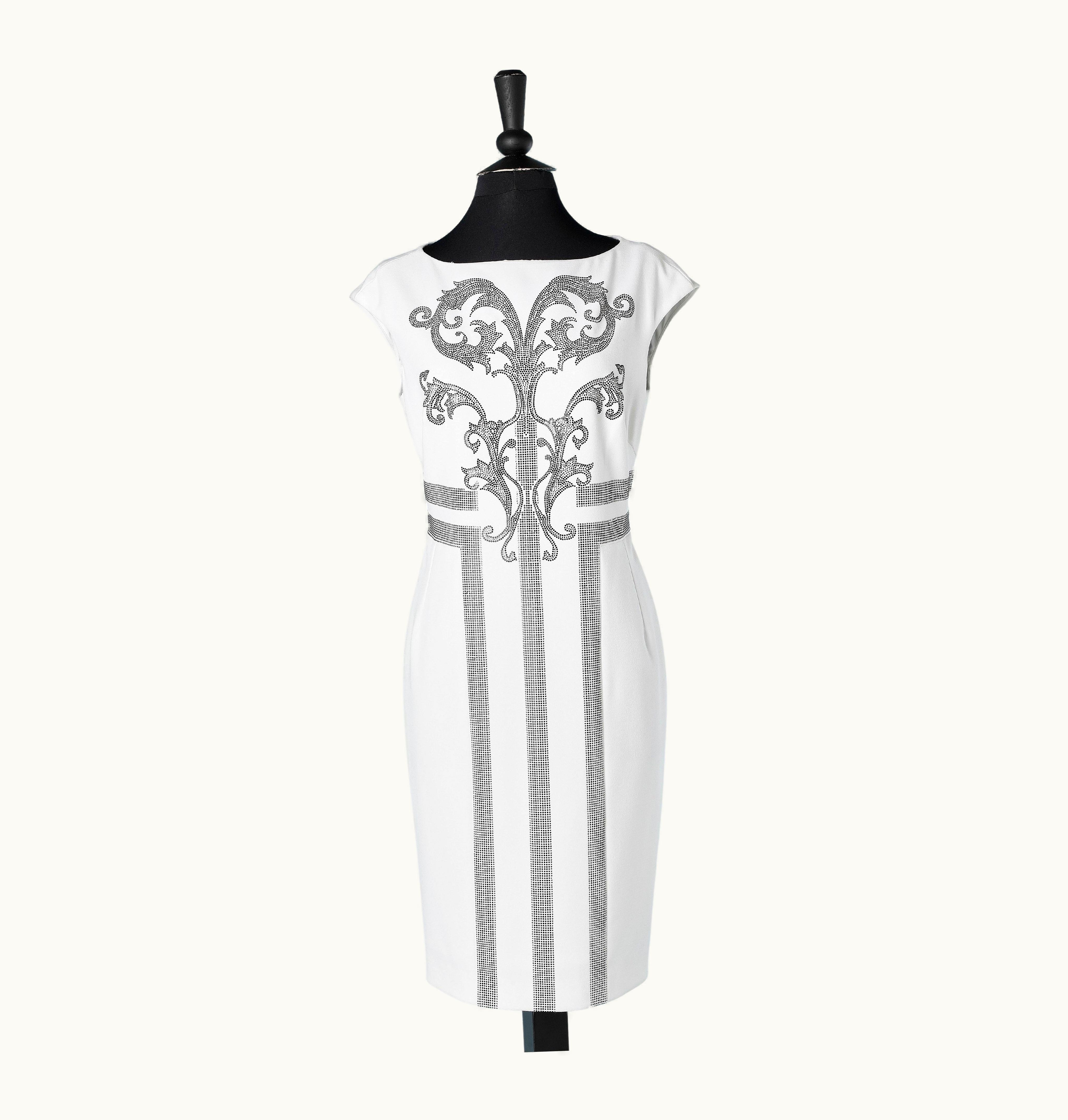 White Cocktail Dress With Tiny Rhinestones And Black Studs Versace Collection