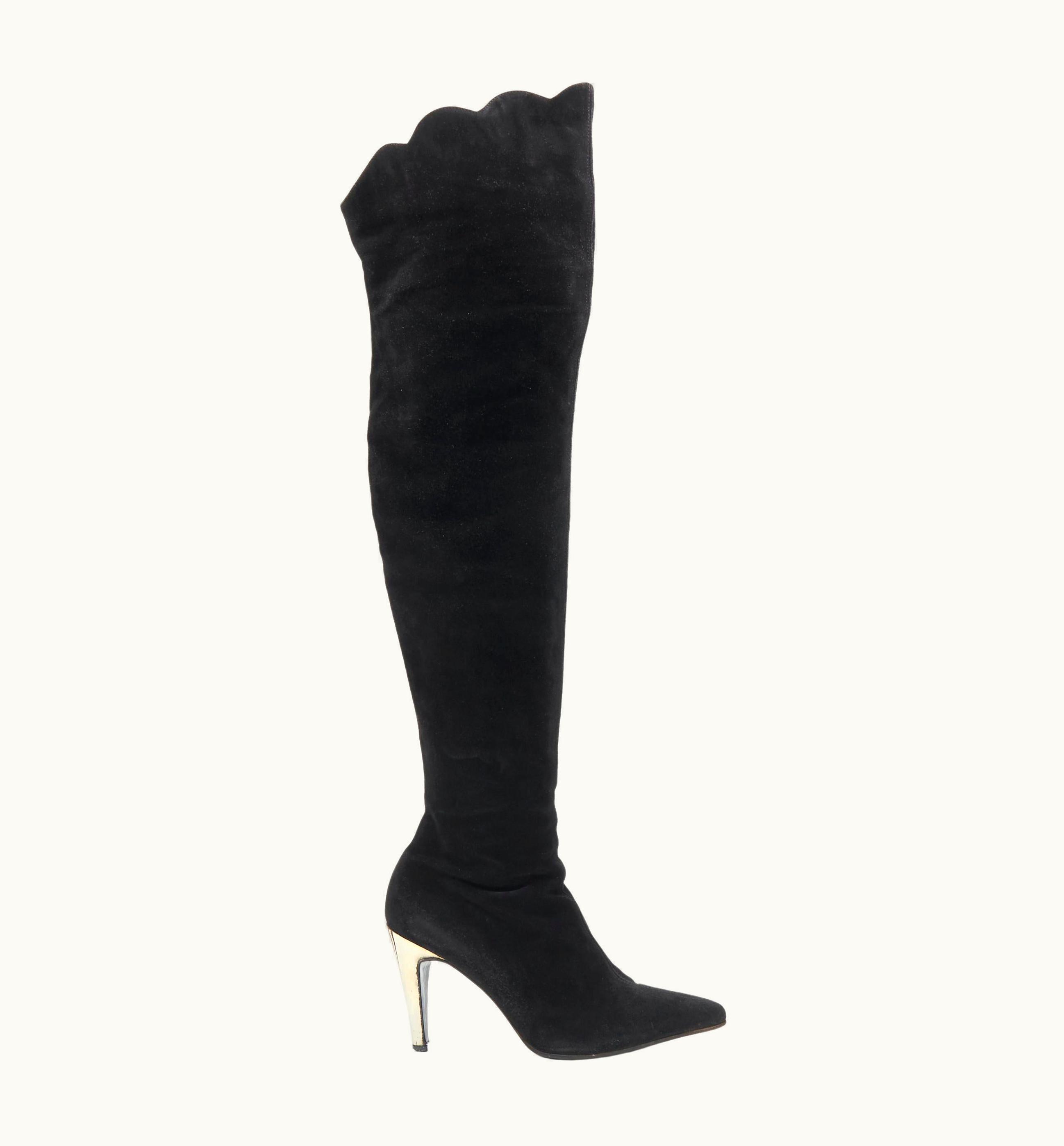 Gianni Versace Couture Gianni Versace Black Suede Scalloped Topline Gold Heel Pointy Knee Boot