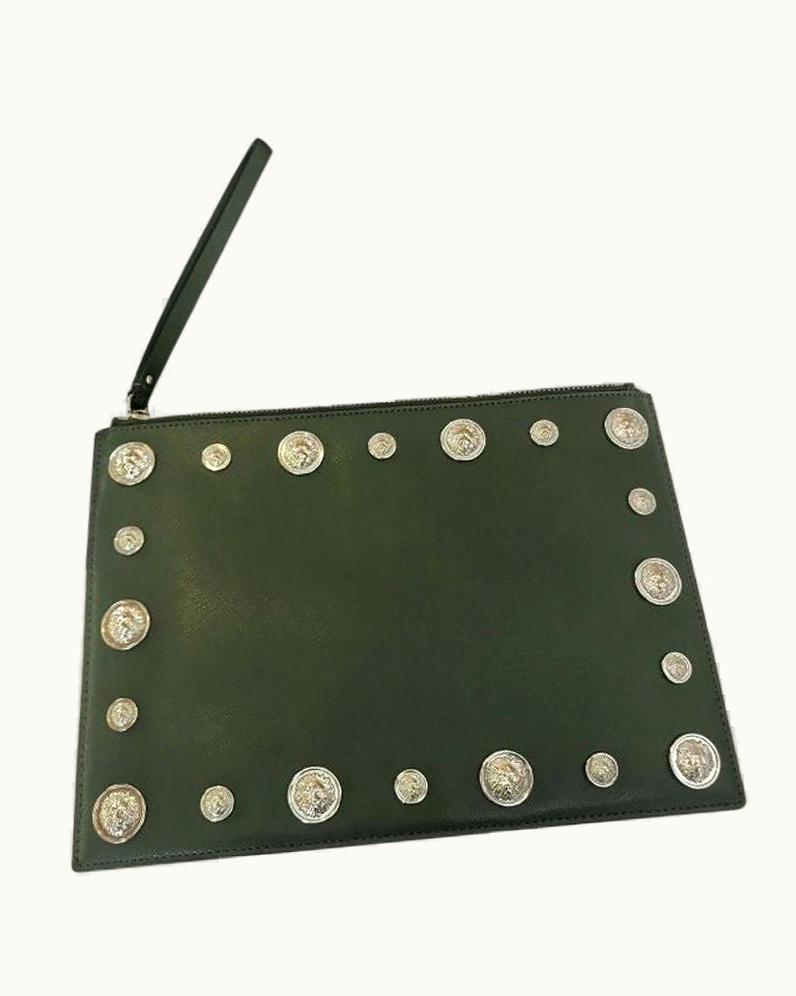 Versace Versus Versace Olive All Over Silver Logo Embellishments Clutch Leather Xl Bag