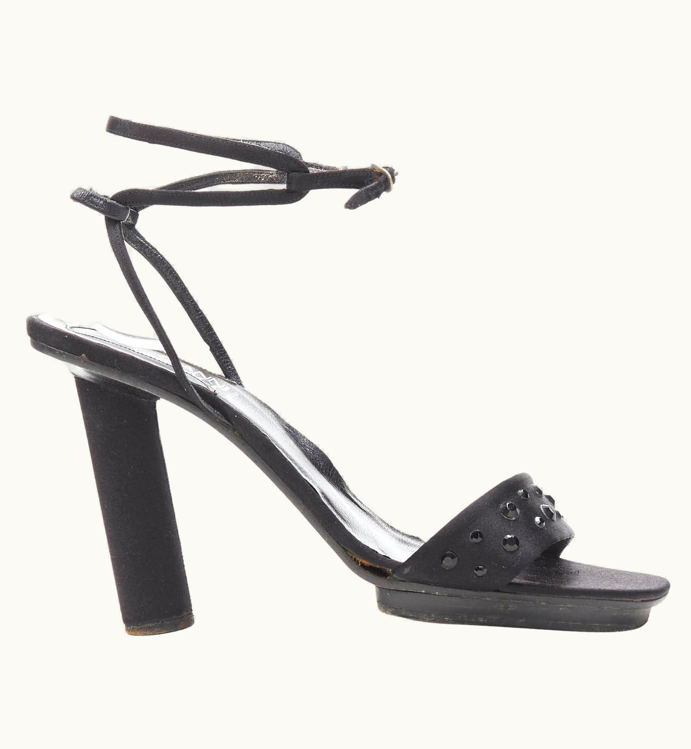 Vintage Gianni Versace Black Satin Crystal Cone Heel Sandal