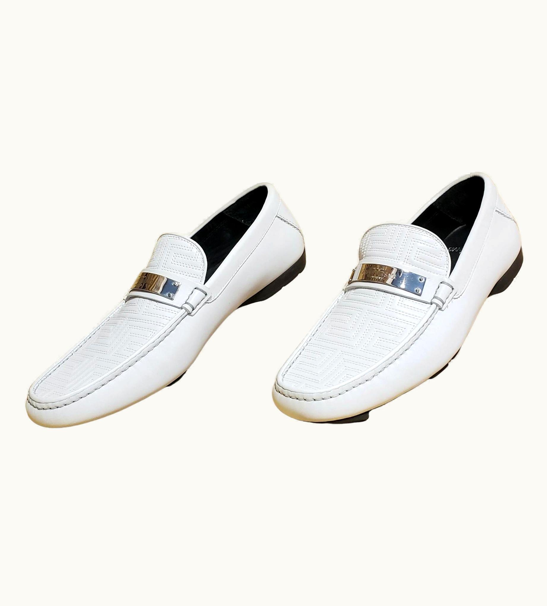 Gianni Versace Couture White Embroidered Leather Driver Loafer Shoes