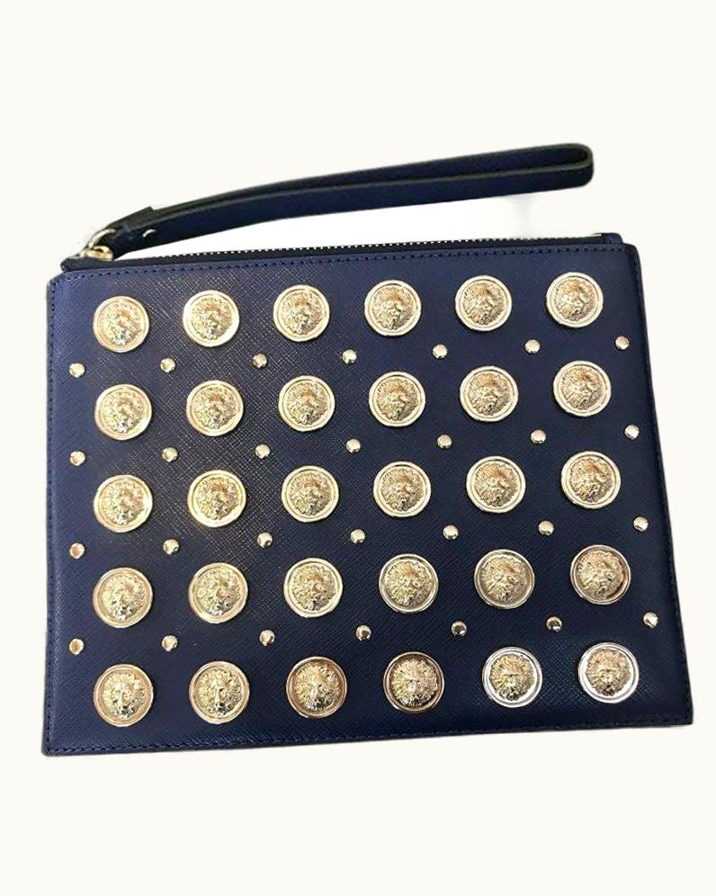Versace Versus Versace Blue All Over Silver Logo Embellishments Clutch Leather Bag