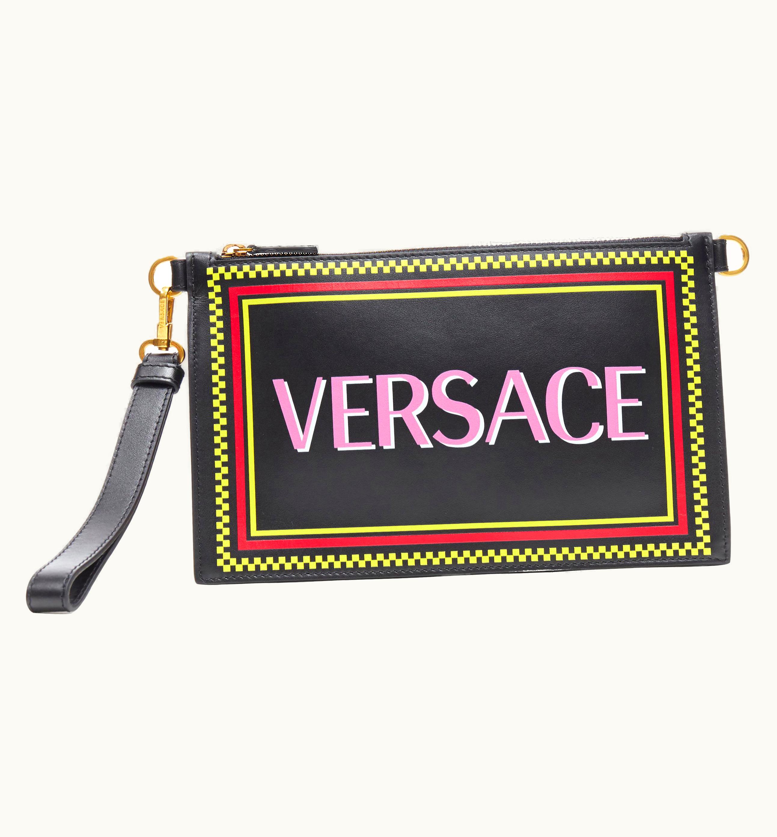 Versace Versace Vintage Logo Print Black Leather Zip Wristlet Clutch Crossbody Bag