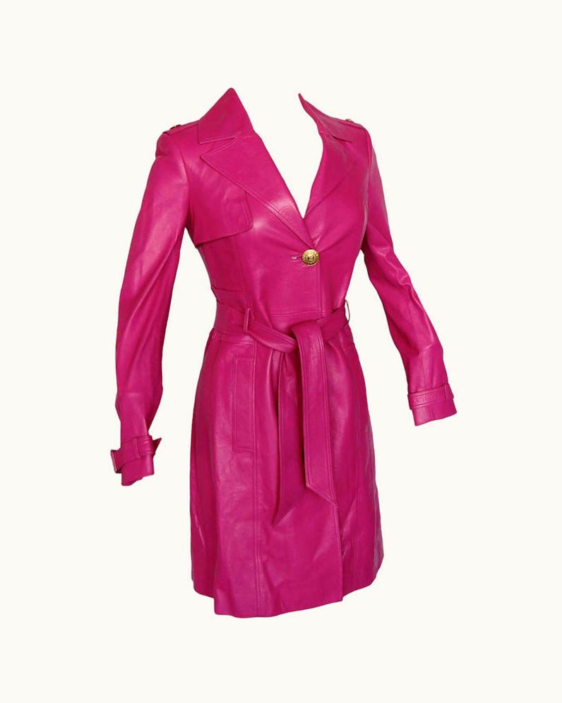 Versace Versace Magenta Leather Coat With Belt + Medusa Buttons Trench Style 2011