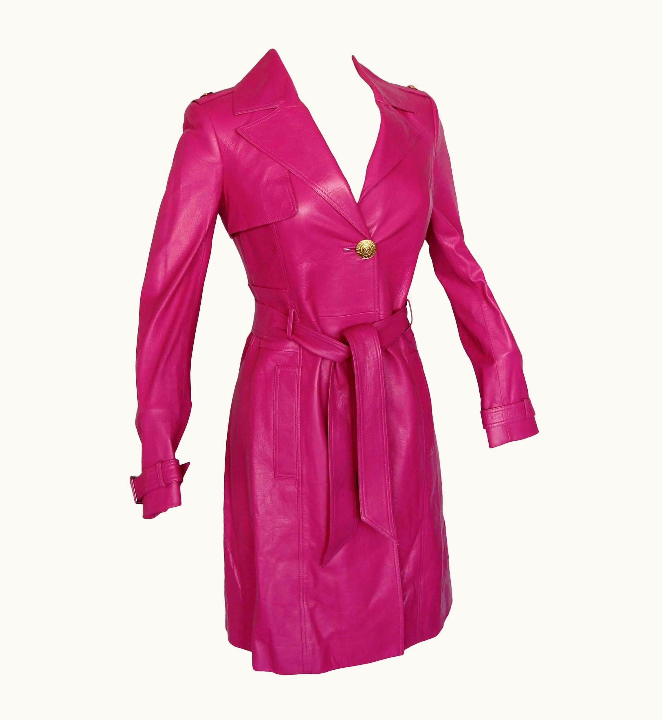 Versace Versace Leather Coat With Belt + Medusa Buttons Trench Style Magenta 2011