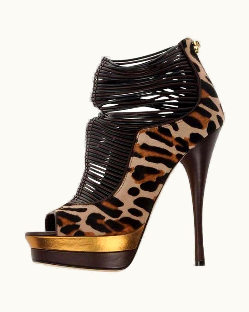 Versace Versace Leopard-print Calf Hair Open Toe Platform Shoes Boots