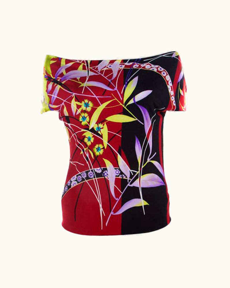 Versace Versace Multicolor Floral Print Stretch Knit Off Shoulder Top