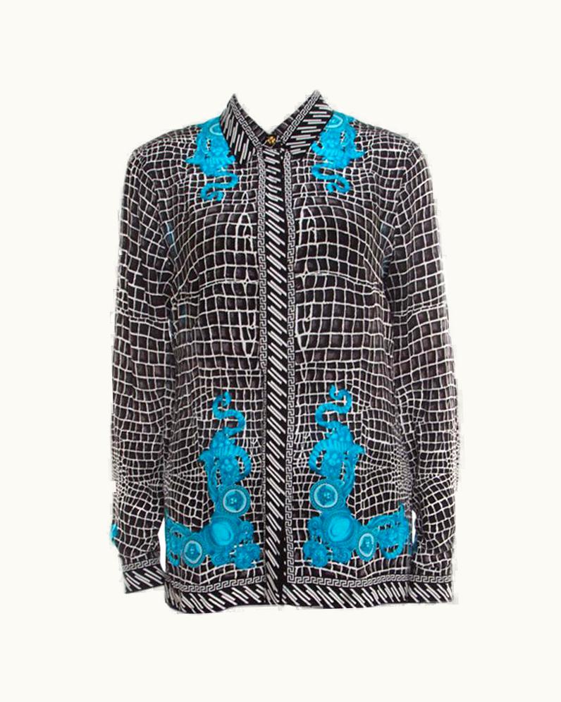 Versace Versace Black And Blue Abstract Medusa Print Silk Blouse