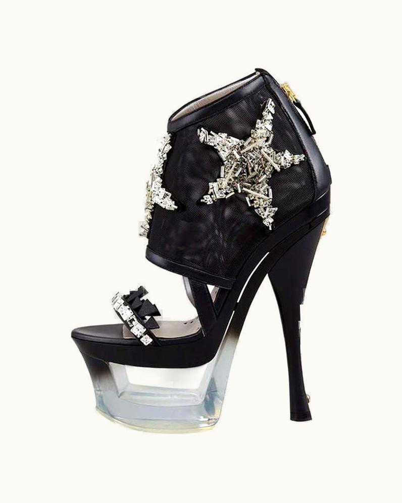 Versace 2012 Versace Black Mesh An Plexiglass-Platform Shoes With Crystal Starfish