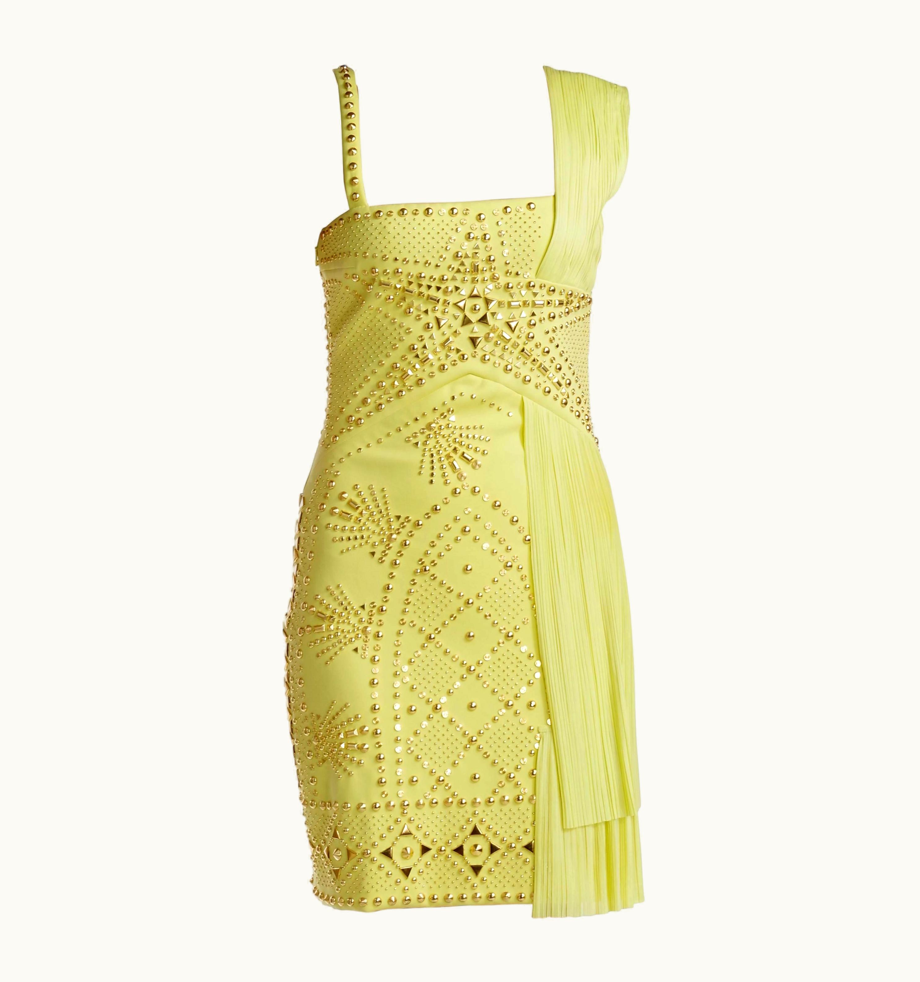 Versace S/S 2012 Versace Yellow Studded Plissé And Scuba-jersey Dress