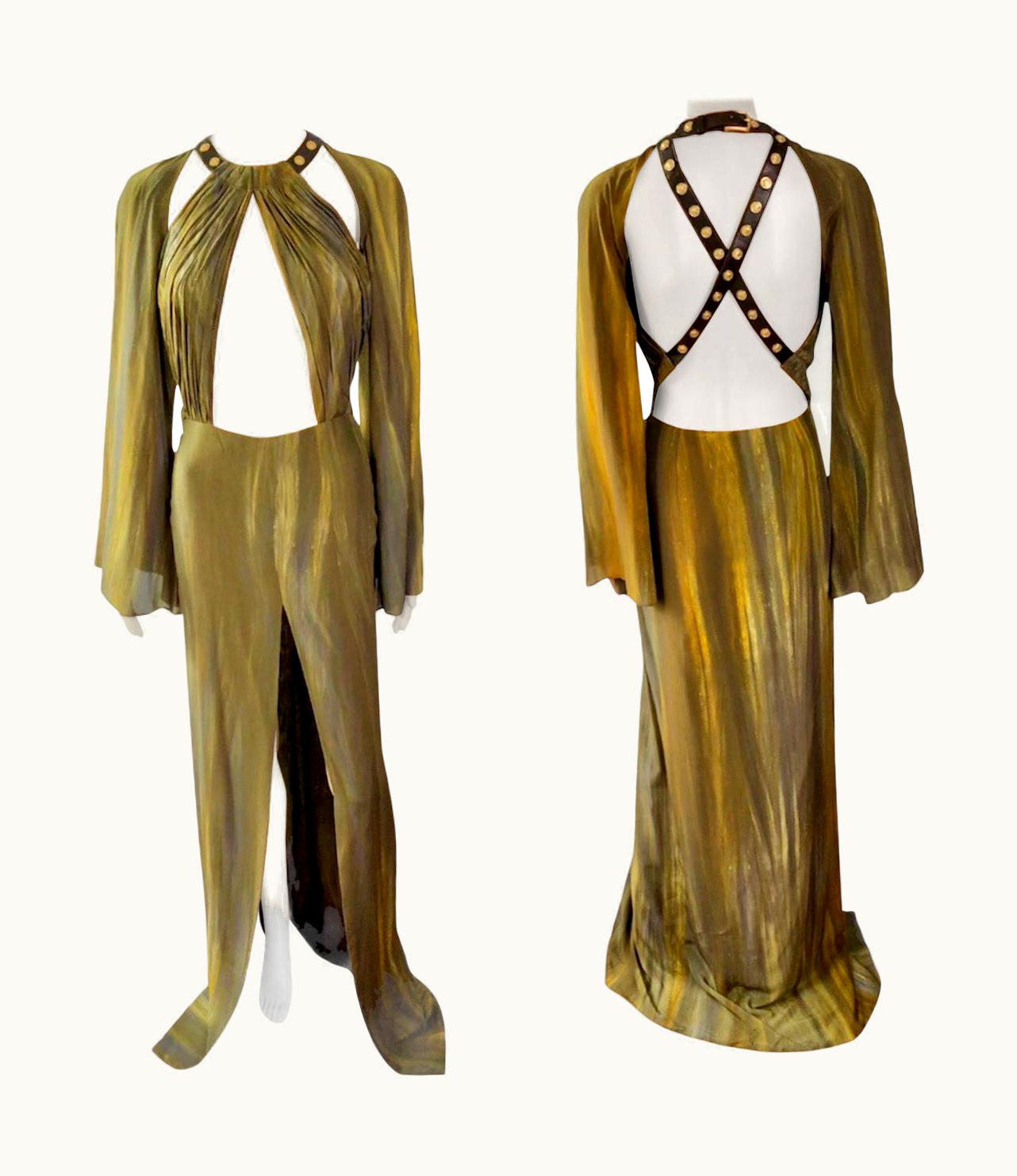 Versace Versace S/S 2013 Bondage Leather Detail Cutout Tie Dye Evening Dress Gown