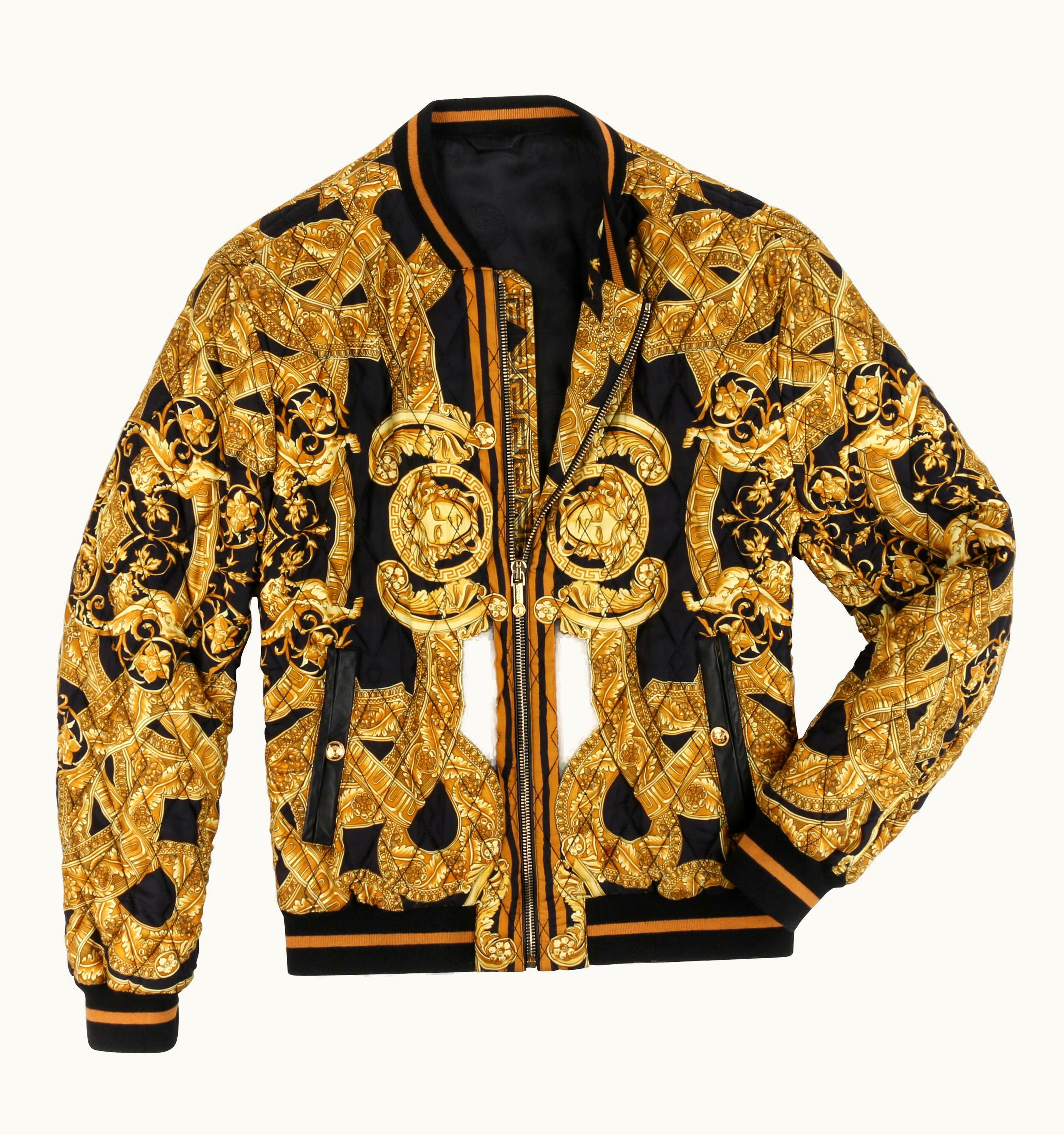 Versace Versace C.2013 Gold Black Baroque Quilted Silk Zip Up Bomber Jacket