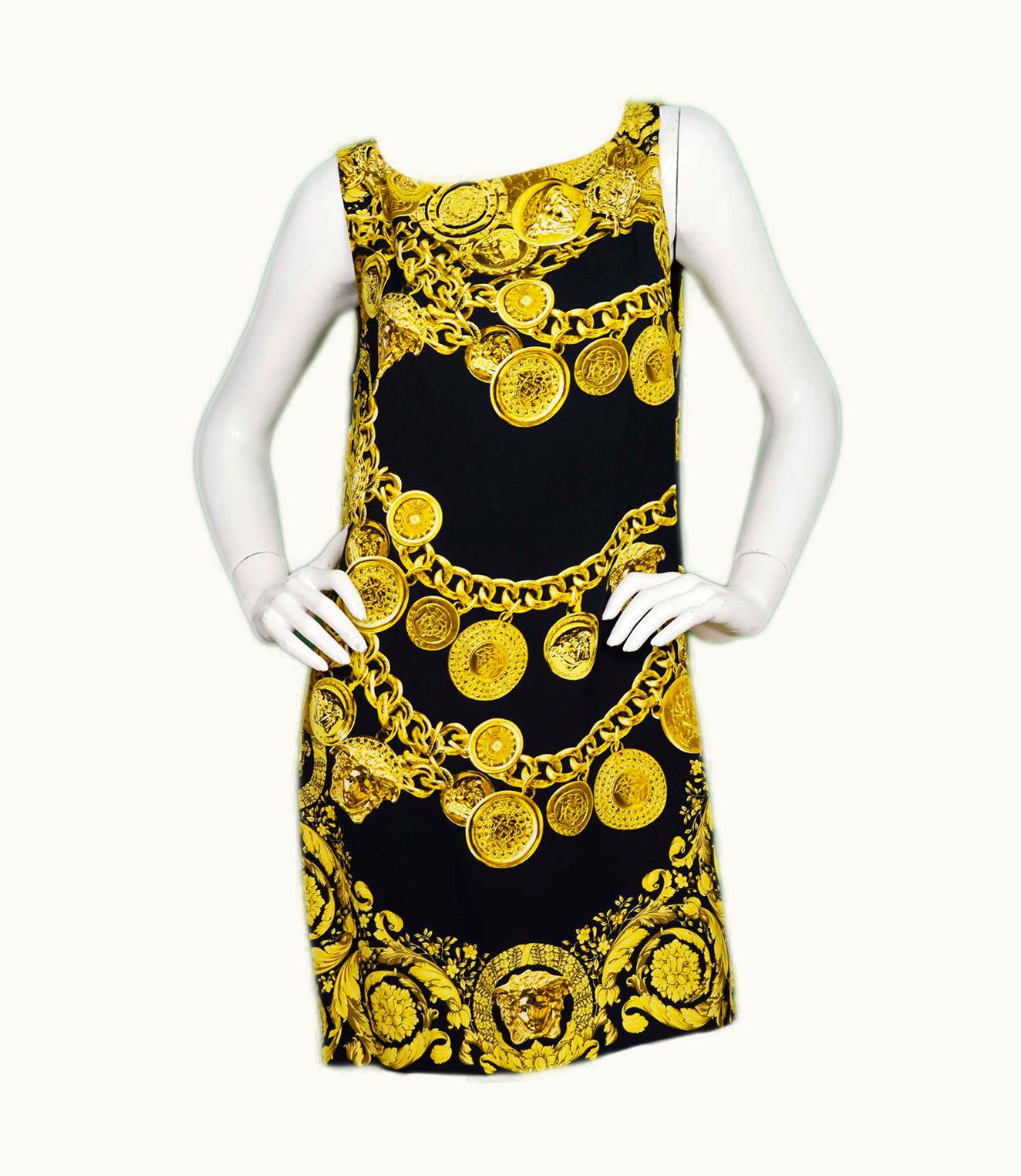 Versace Versace 2014 Black & Gold Medusa Medallion Chain Print Mini Dress