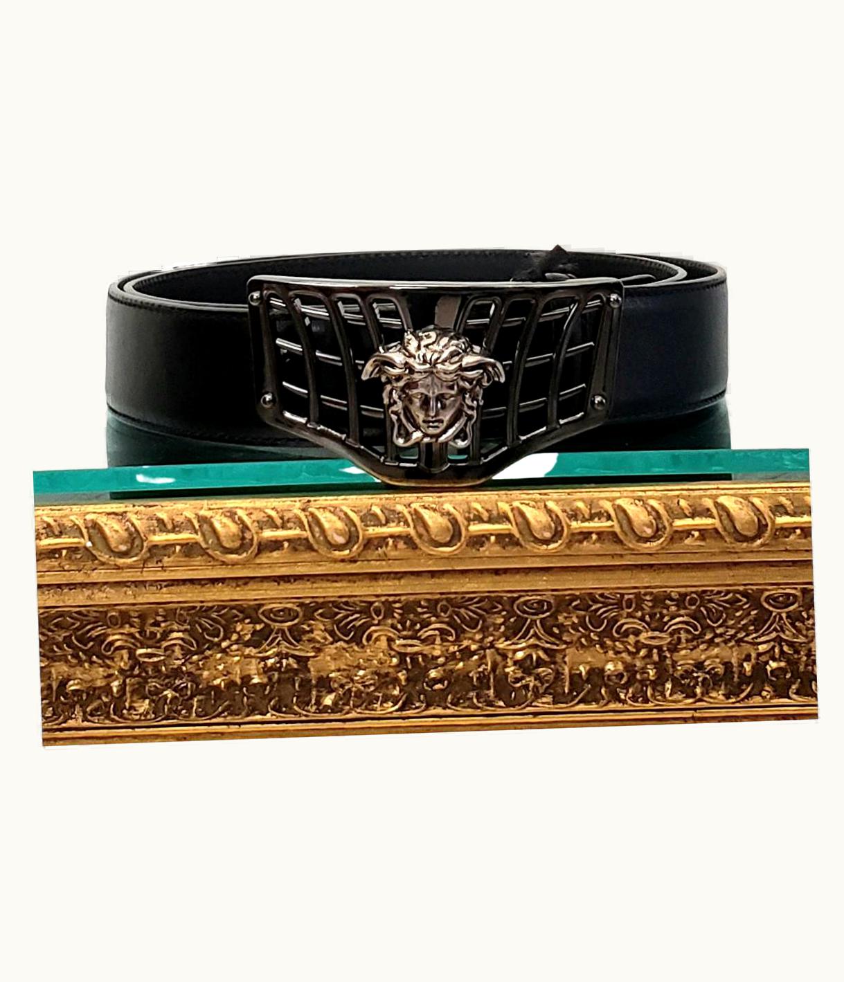 Versace AW 2014 Versace Black Leather Men' Belt With Platinum Cover Buckle 100/40