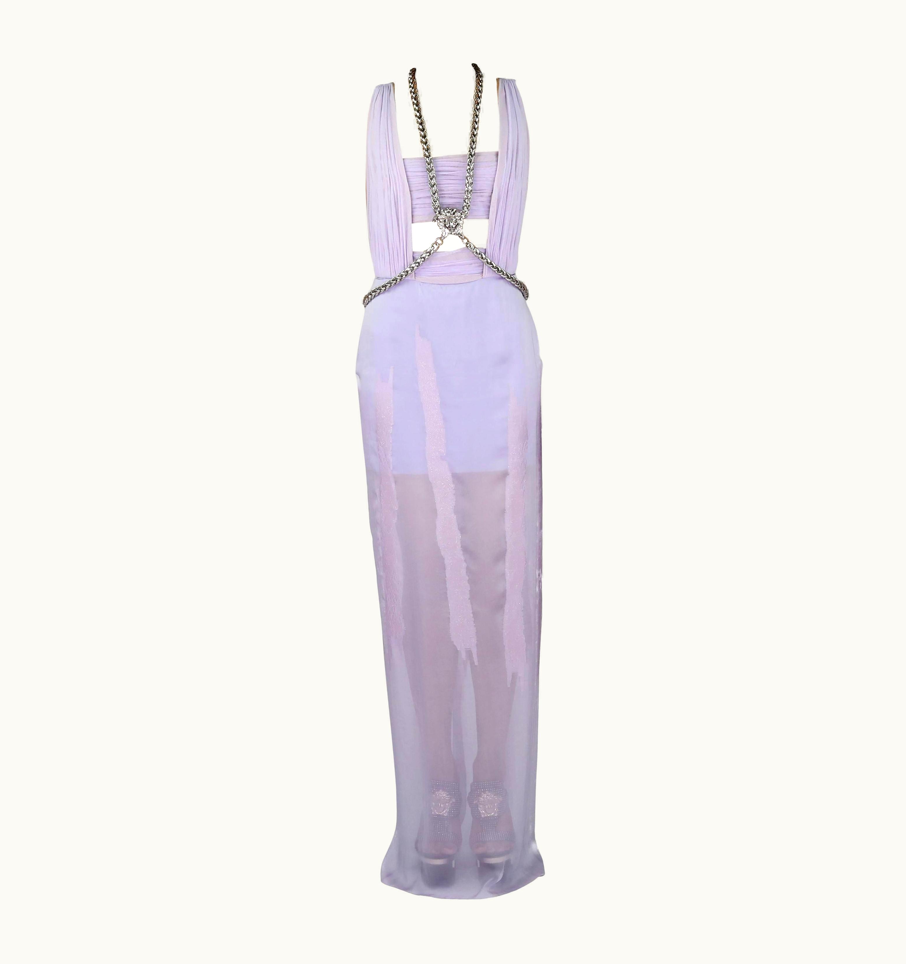 Versace Versace Lilac Chiffon Long Dress With Medusa Chains