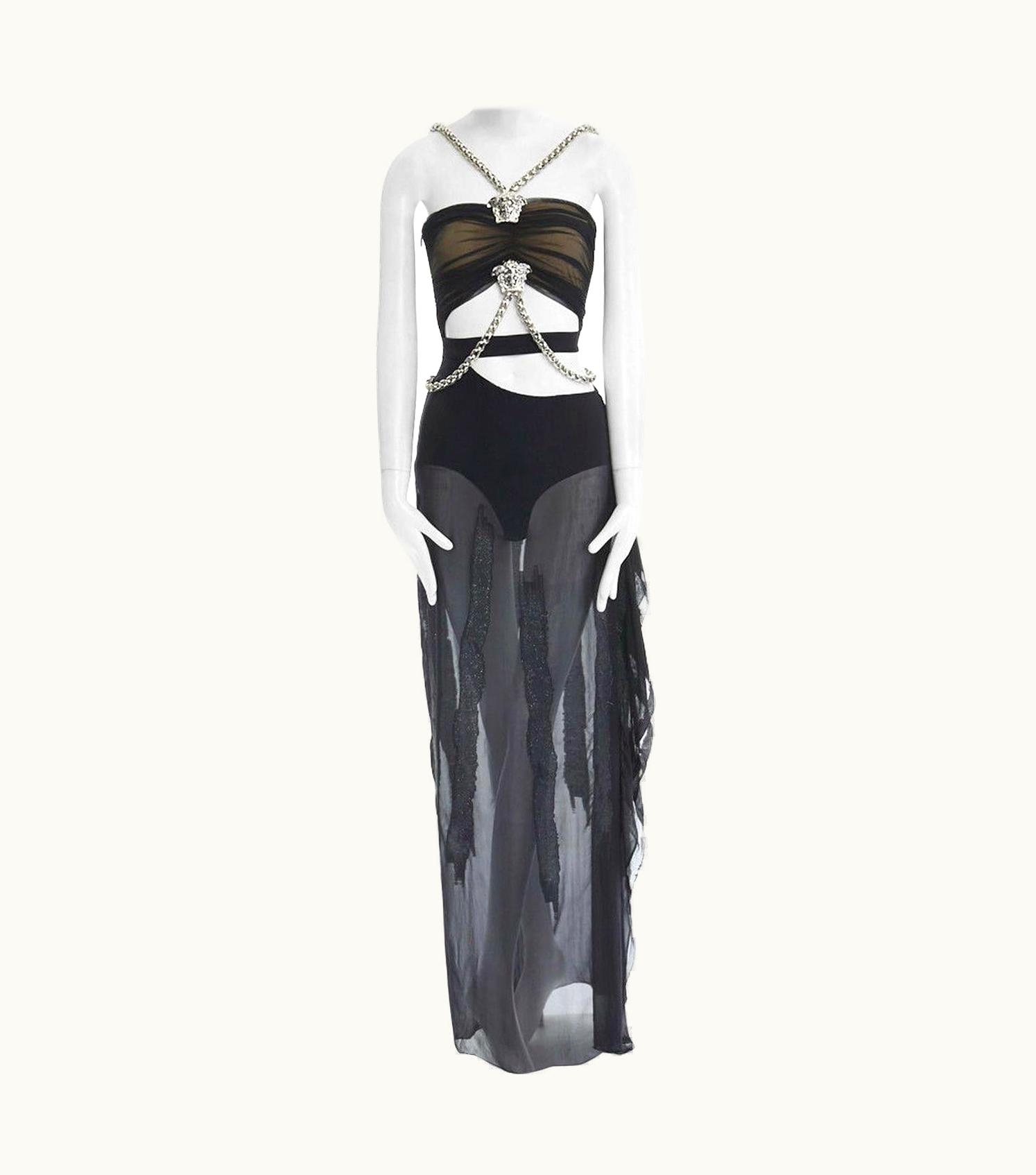 Versace Runway Versace S/S Black Silk Silver Medusa Chain Harness Cut Out Gown