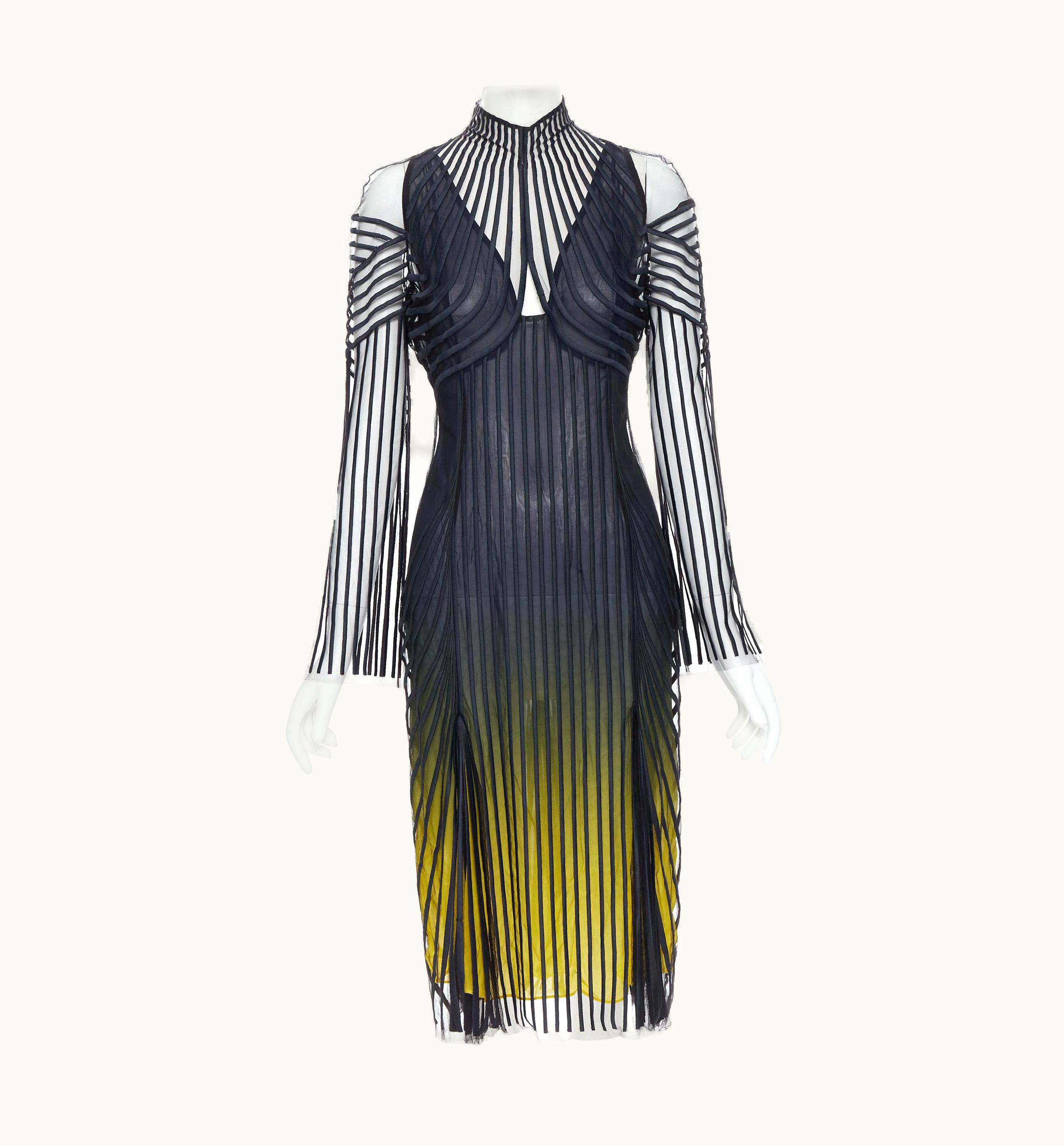 Versace Versace 2017 Black Ribbed Georgette Yellow Degrade Mock Neck Dress