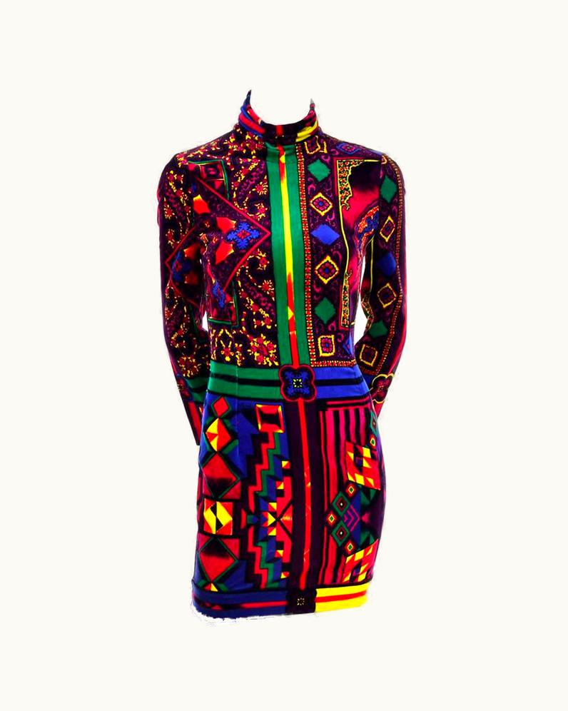 1990s Gianni Versace Vintage Dress In Bold Abstract Pattern Velvet WS/S Tag