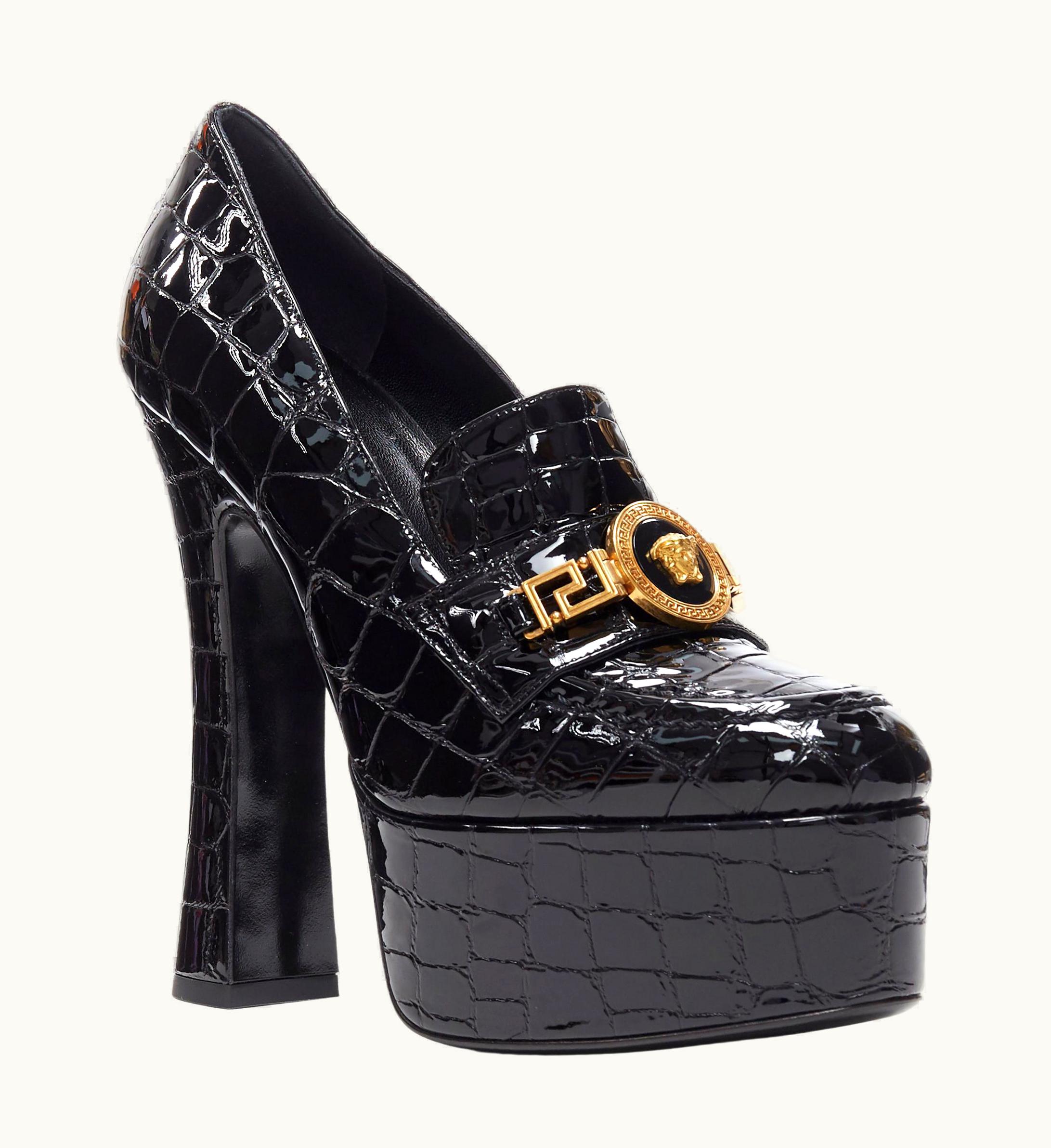 Versace Versace 2018 Black Stamped Croc Black Patent Medusa Greca Platform