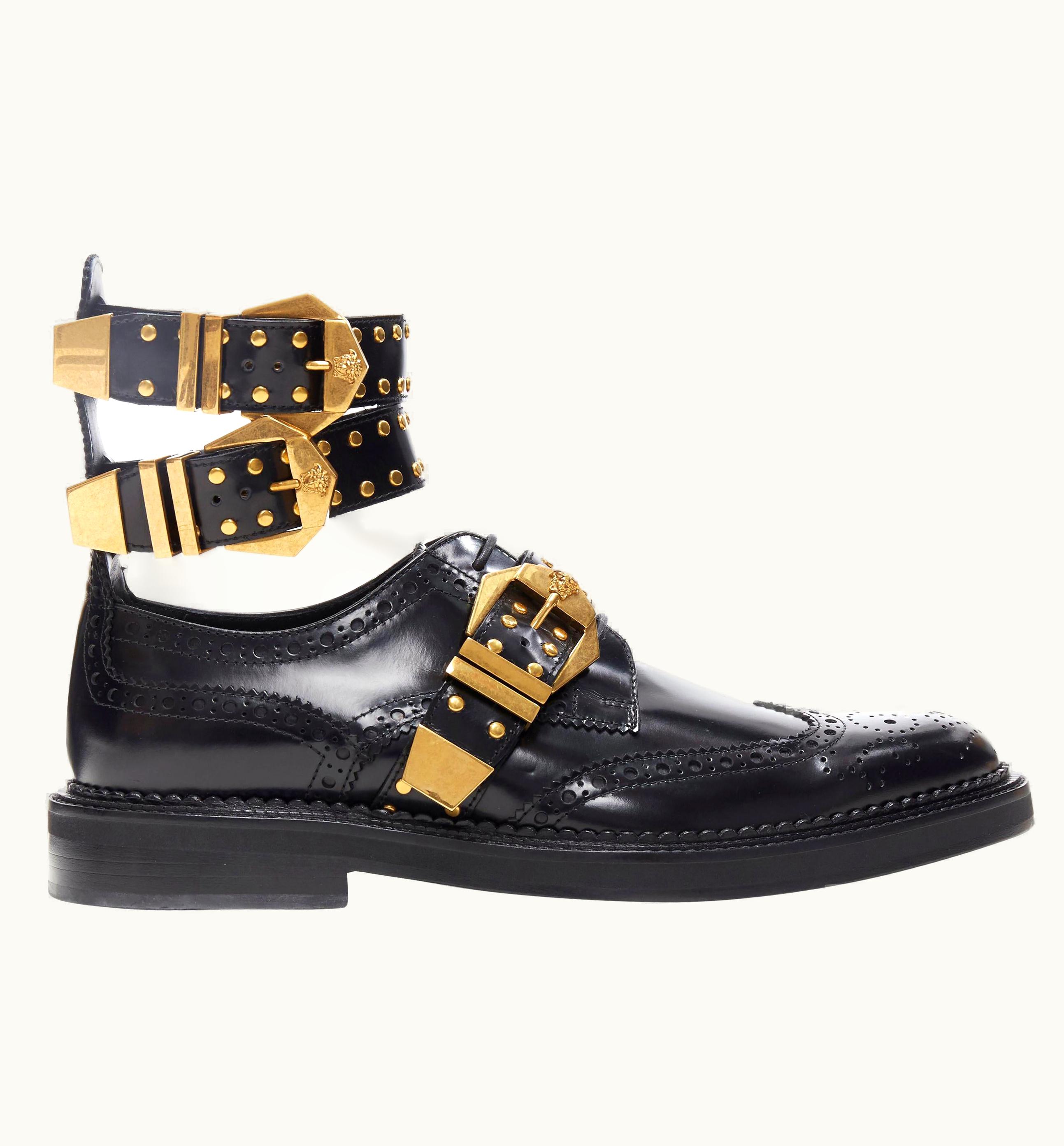 Versace Versace 2018 Runway Black Leather Bondage Studded Ankle Strap Brogue