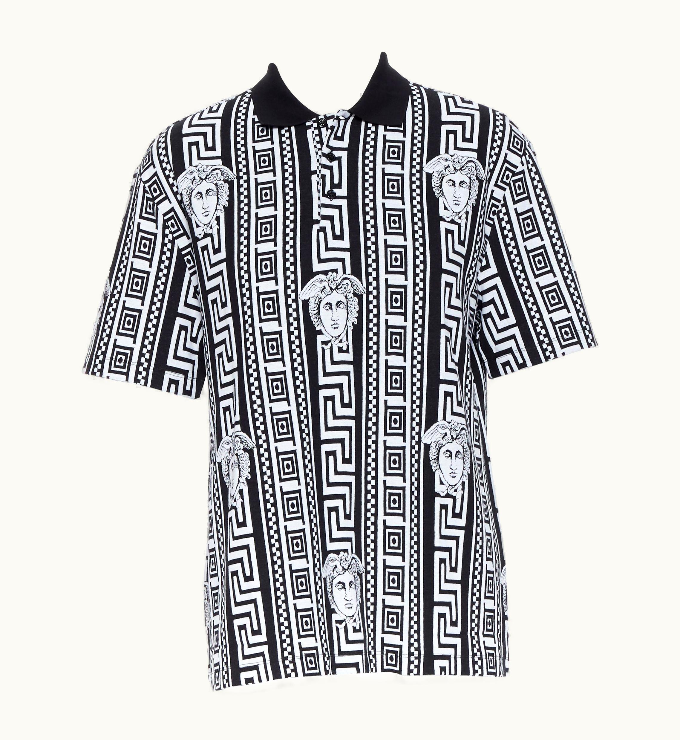 Versace Versace 2018 Runway Black White Graphic Greca Medusa Polo Shirt Xxl