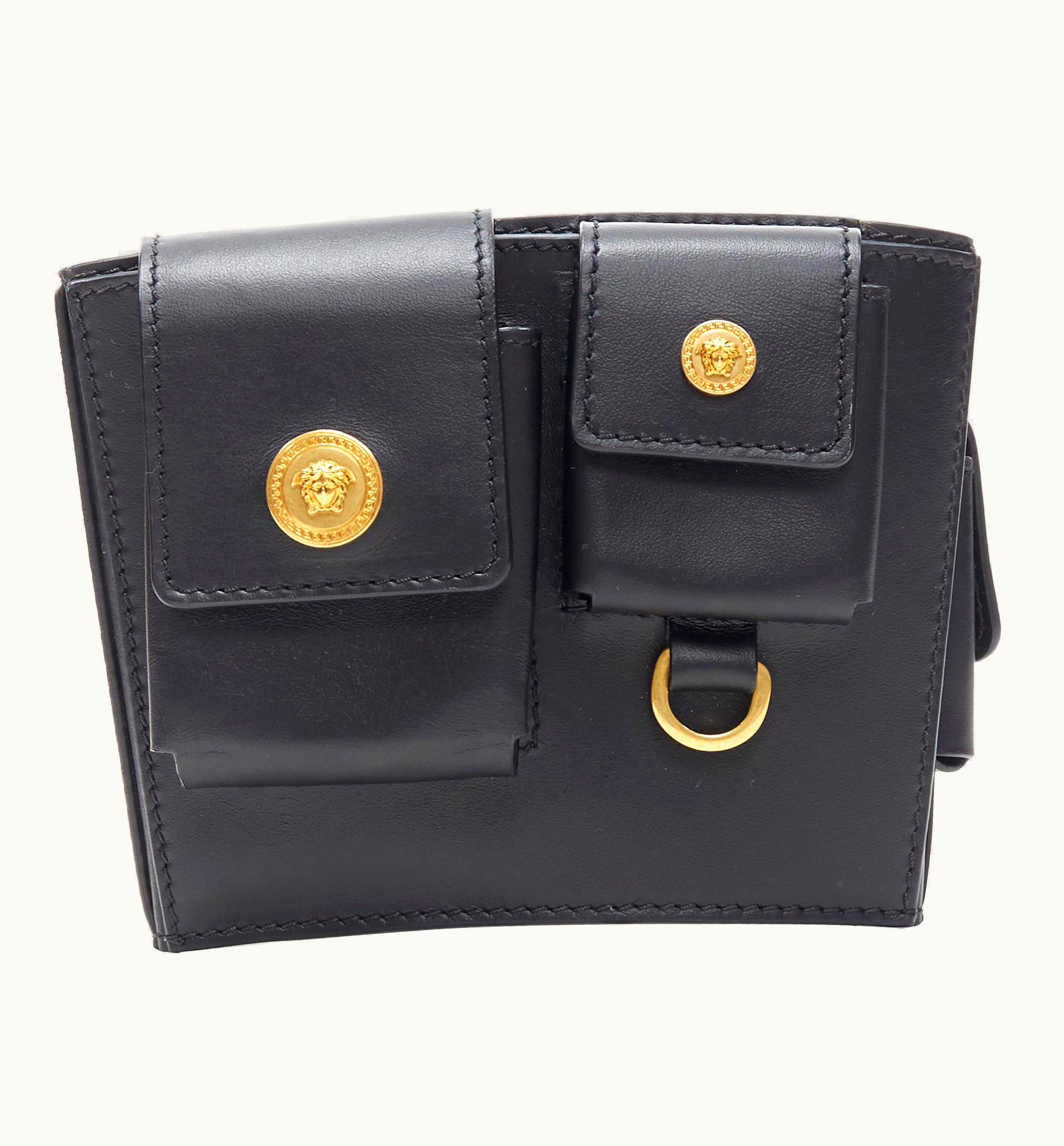 Versace Versace 2019 Runway Black Gold Medusa Button Multipocket Arm Harness Bag