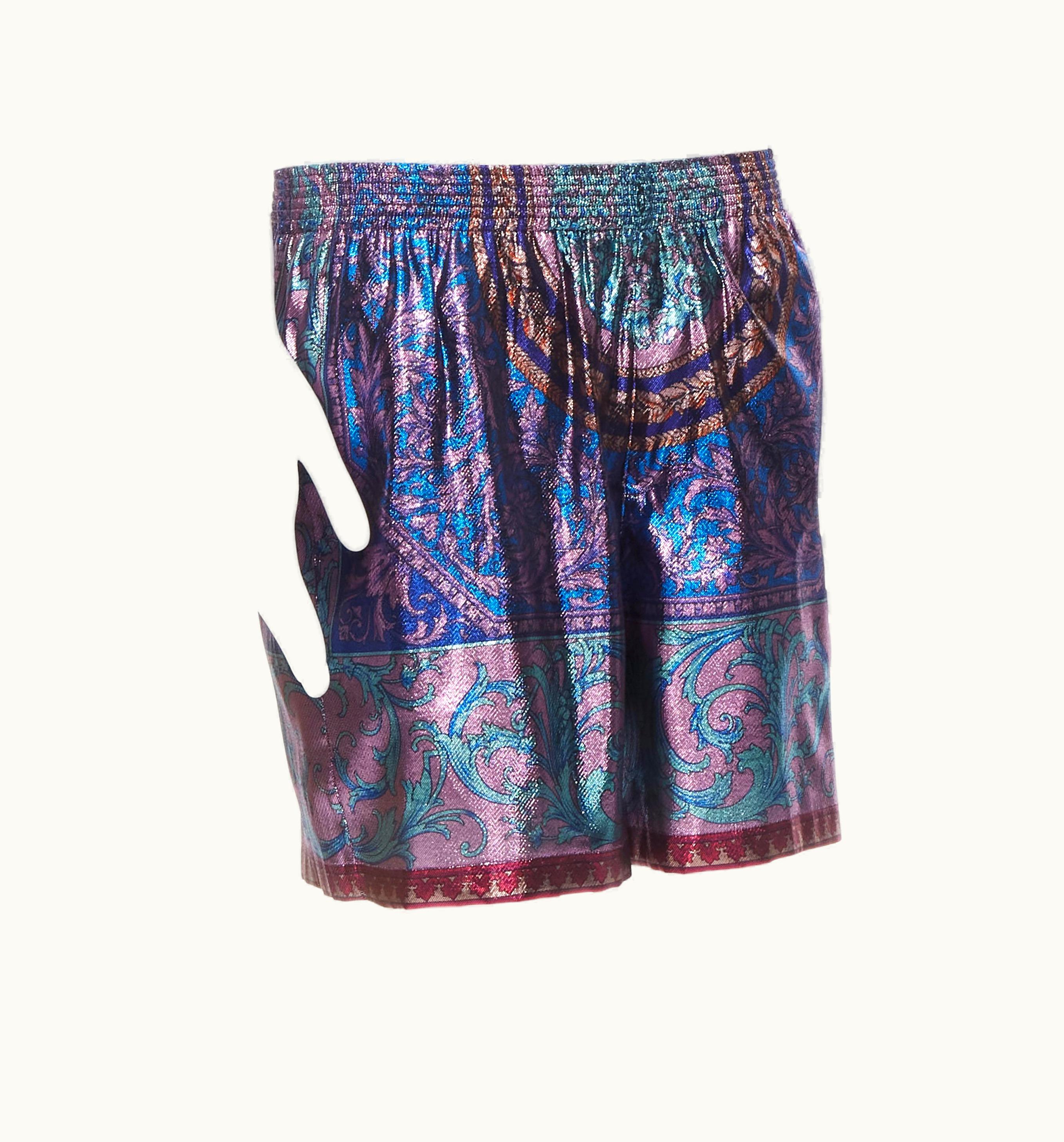 Versace Versace 2020 Runway Metallic Lurex Barocco Purple Summer Shorts Rare UZ0579934