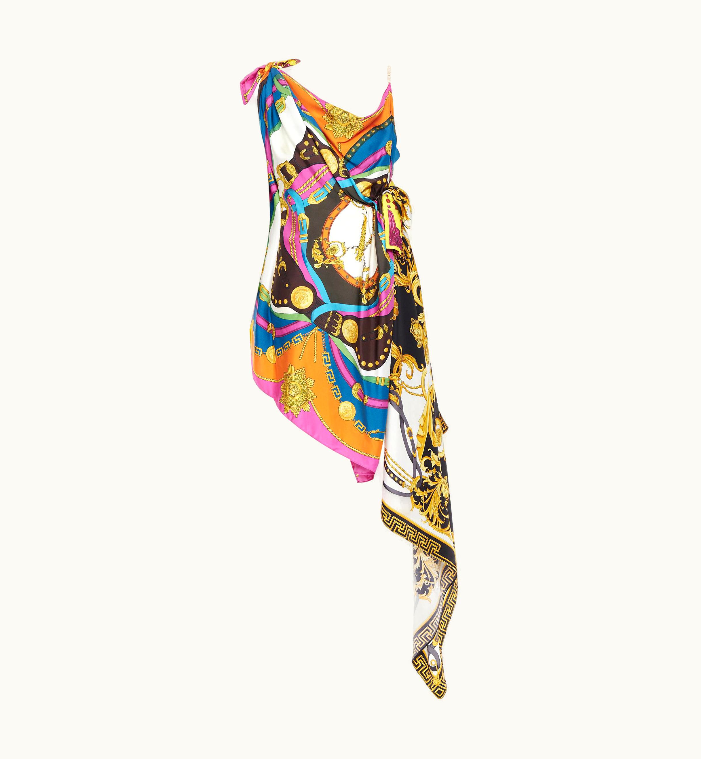 Versace Runway Versace 2020 Mixed Silk Scarf Deconstructed Greca Chain Dress