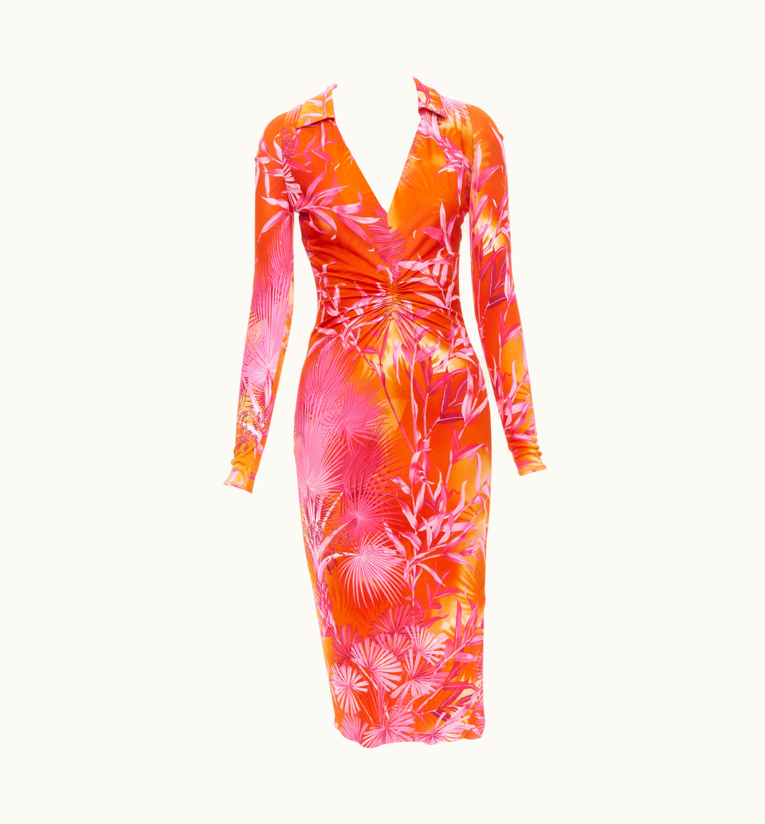 Versace Runway Versace 2020 Runway Pink Jungle Print Ruched Dress