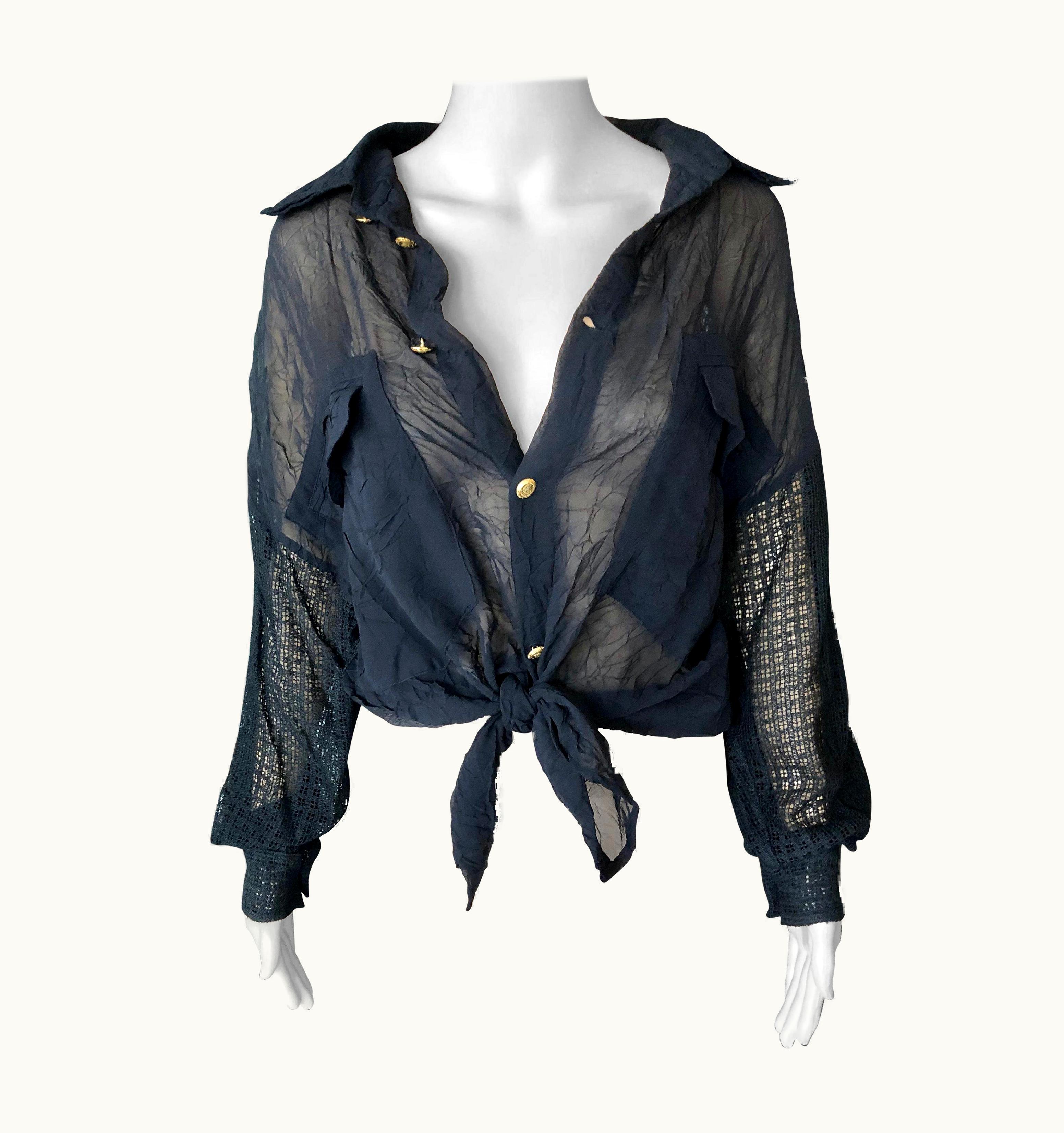 Gianni Versace C. 1990 Vintage Sheer Silk Mesh Black Shirt Blouse Top