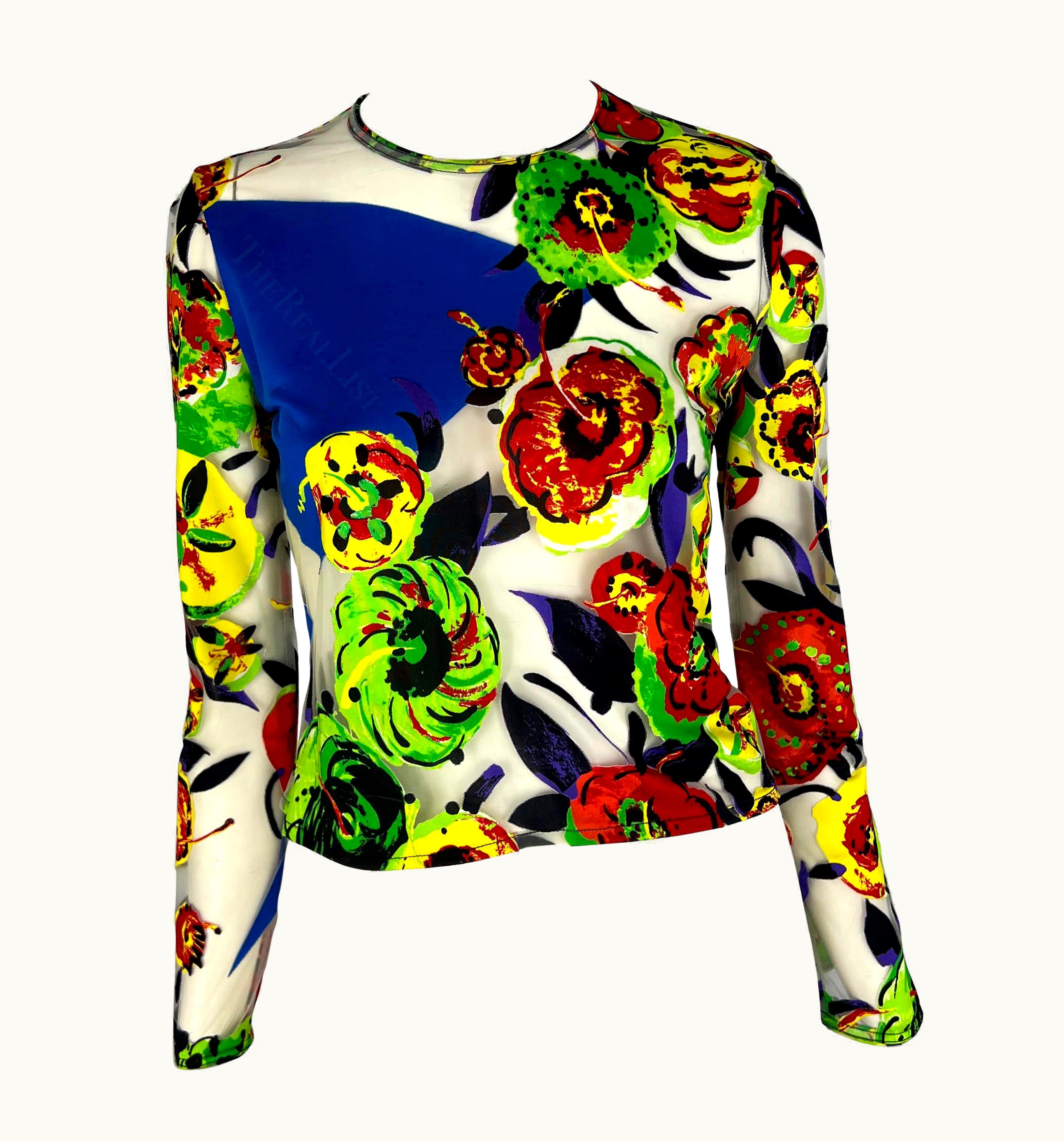 S/S 1997 Gianni Versace Runway Sheer Pop Art Floral Abstract Print Tulle Top