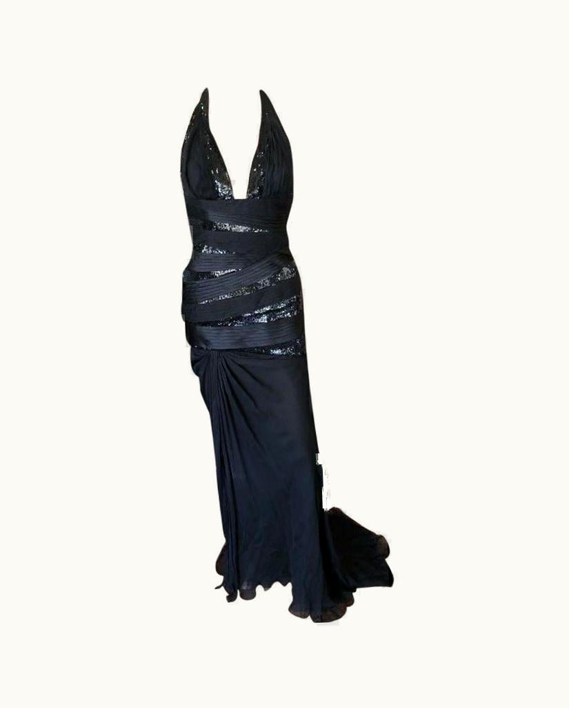 Versace Versace $20, 905 AW 2006 Runway Black Plunging Neckline Embellished Dress Gown UZ0580022