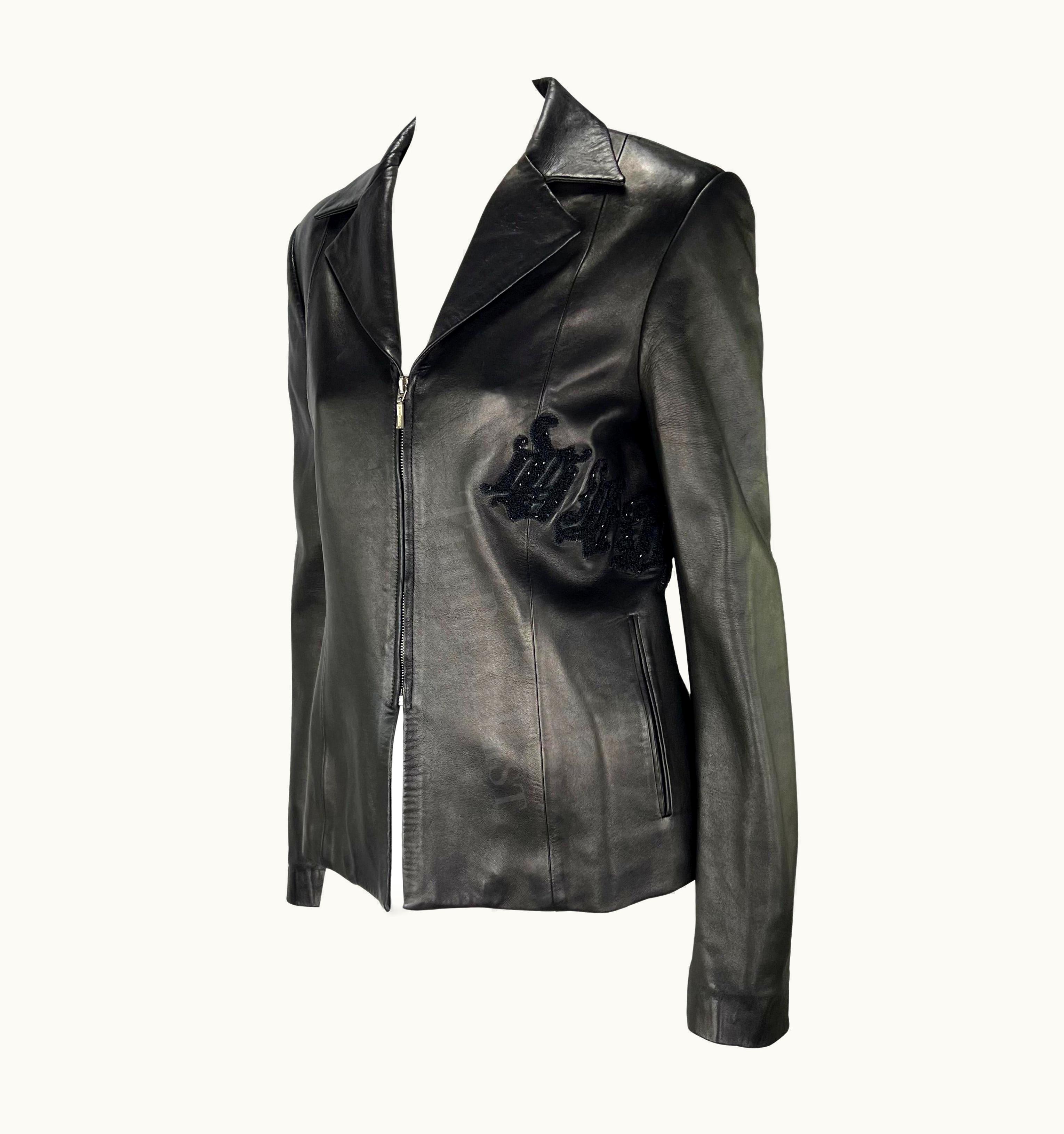 AW 1999 Gianni Versace By Donatella Logo Embroidered Black Leather Jacket