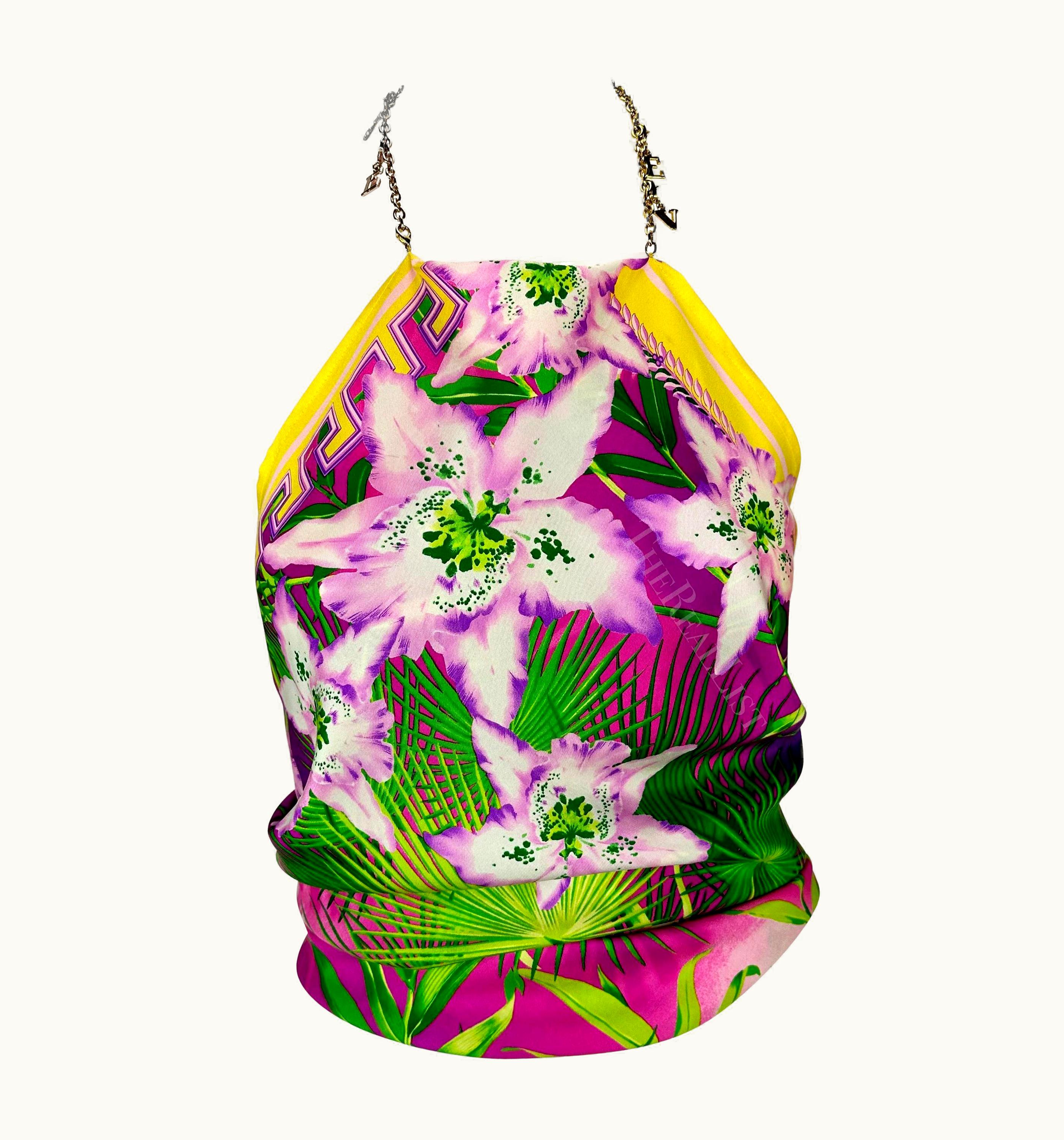 S/S 2000 Gianni Versace By Donatella Silk Palm Print Scarf Chain Medusa Top