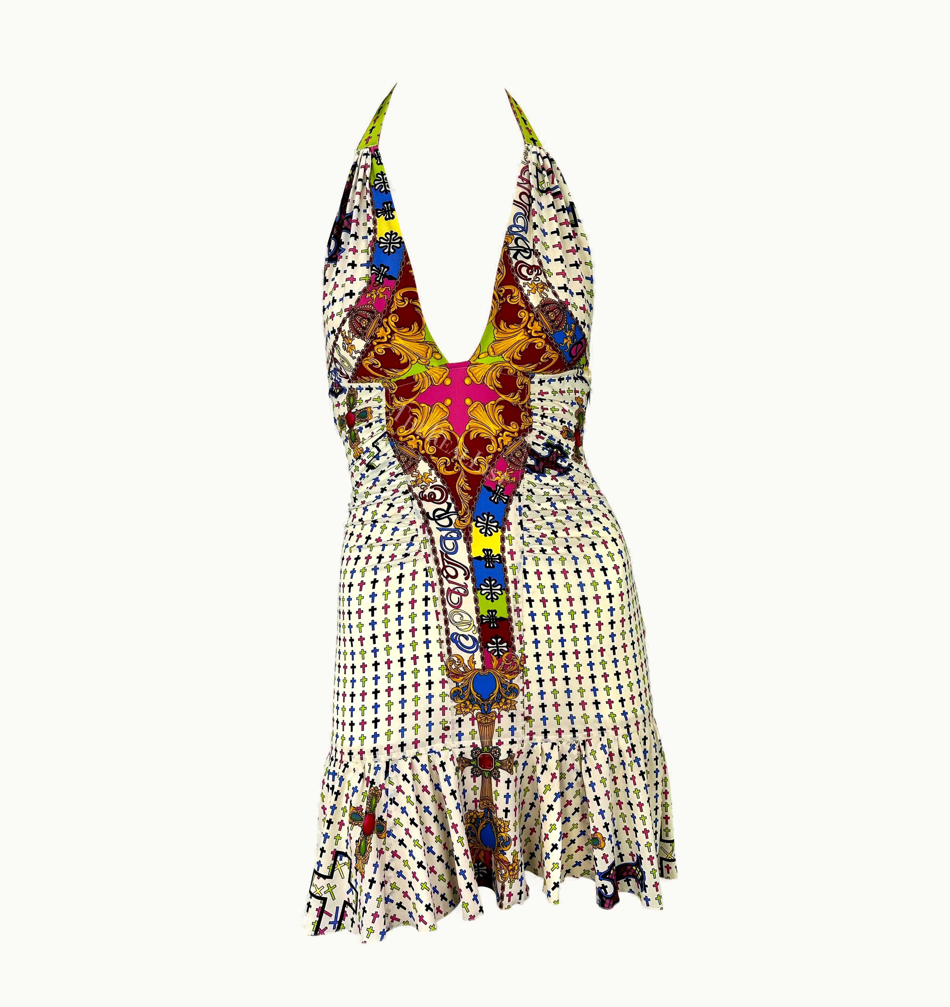 Versace S/S 2005 Versace By Donatella Chaos Couture Multicolor Cross Print Halter Dress