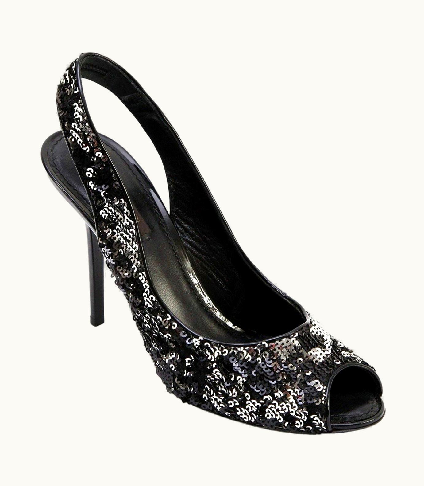 Louis Vuitton Slingback Sandal Pump Peep Black Silver Leather Sequin Liza