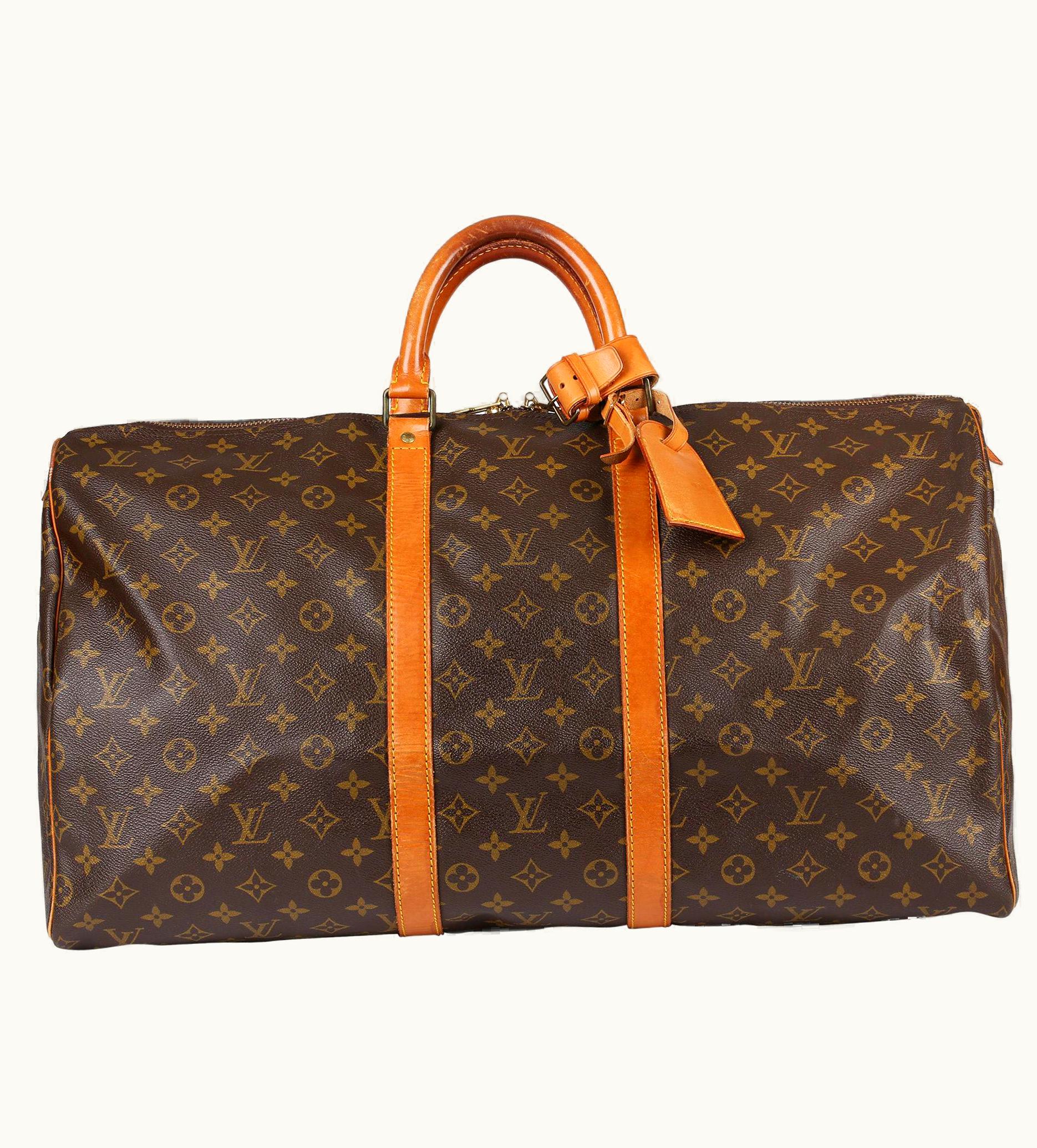 Louis Vuitton 1988 Louis Vuitton Brown Monogram Coated Canvas & Vachetta Vintage Keepall
