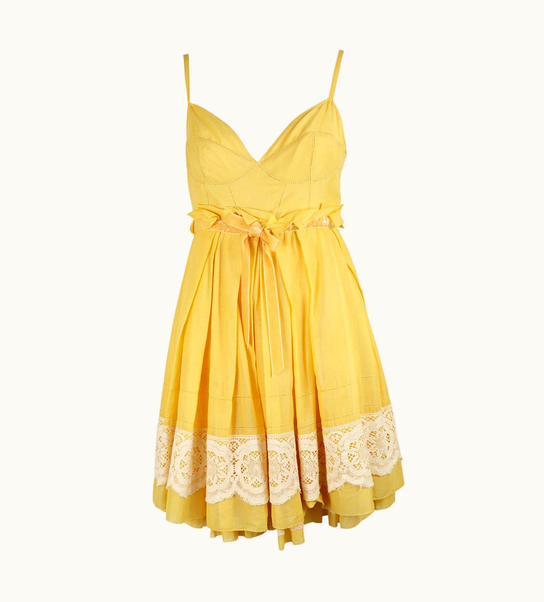 Louis Vuitton Yellow Cotton White Lace Babydoll Dress Vintage Y2k