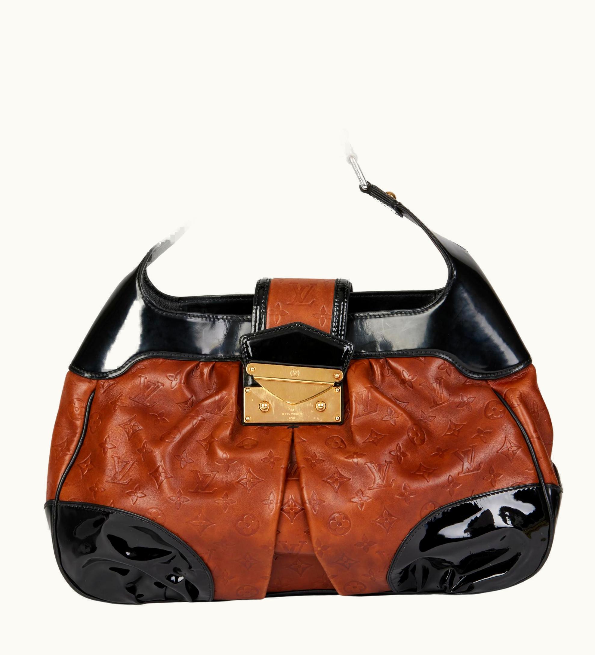 Louis Vuitton Black Patent Leather & Caramel Embossed Calfskin Leather Polly