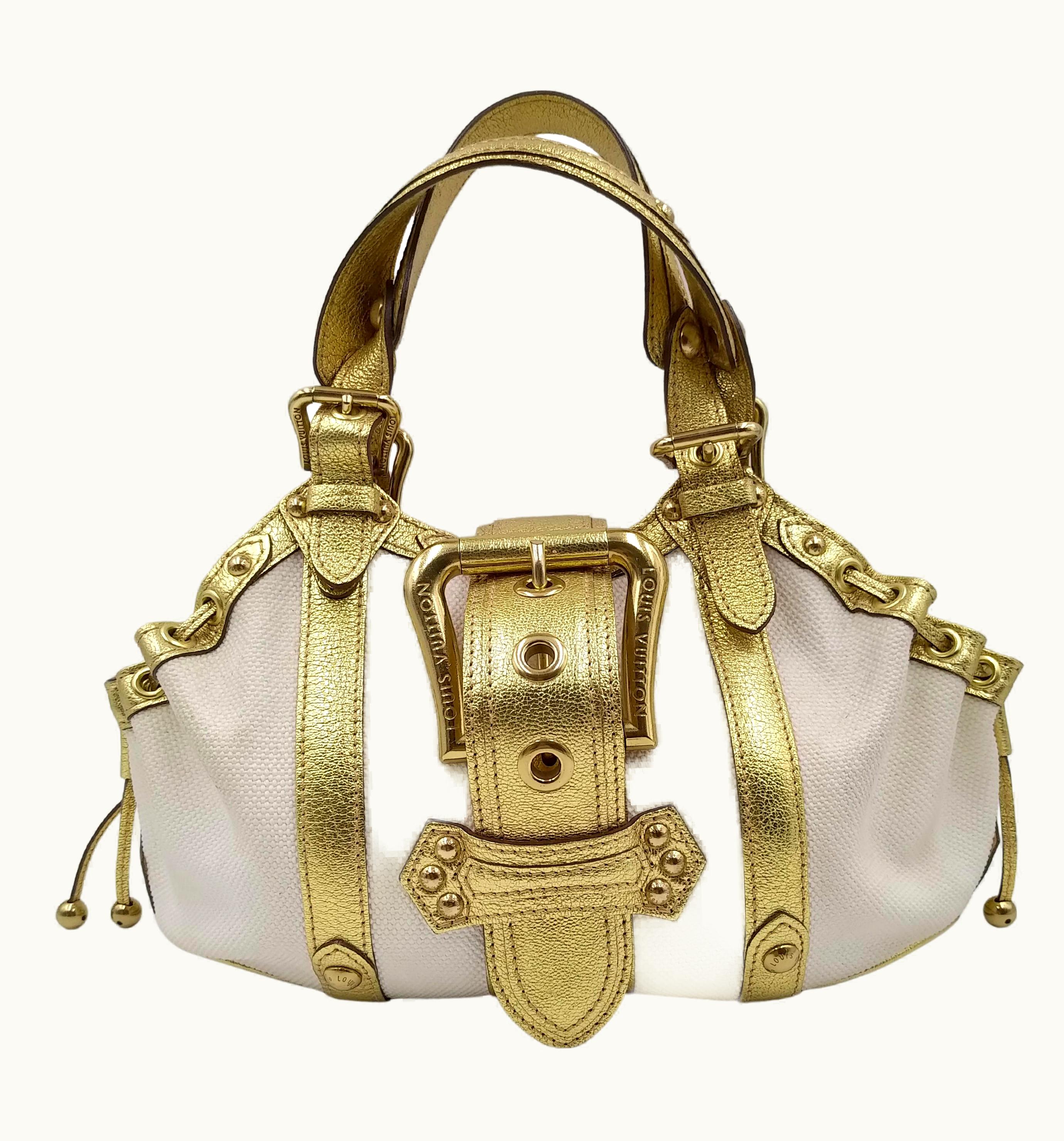 Louis Vuitton Theda Gold & Beige Ecru Canvas Leather Bag Gm 2004