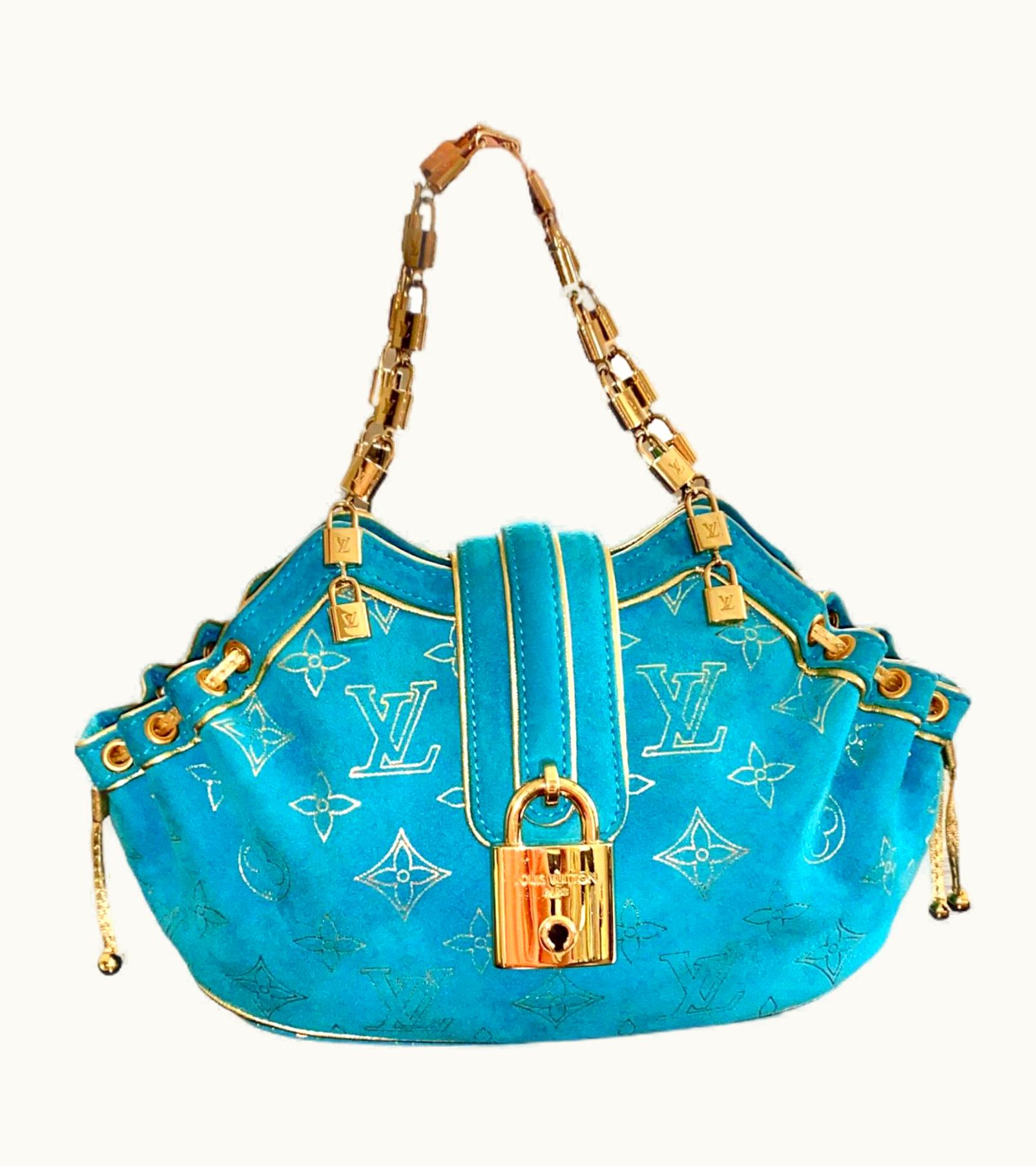 Louis Vuitton Marc Jacobs Turquoise Suede & Gold Lv Monogram Lock Evening Bag