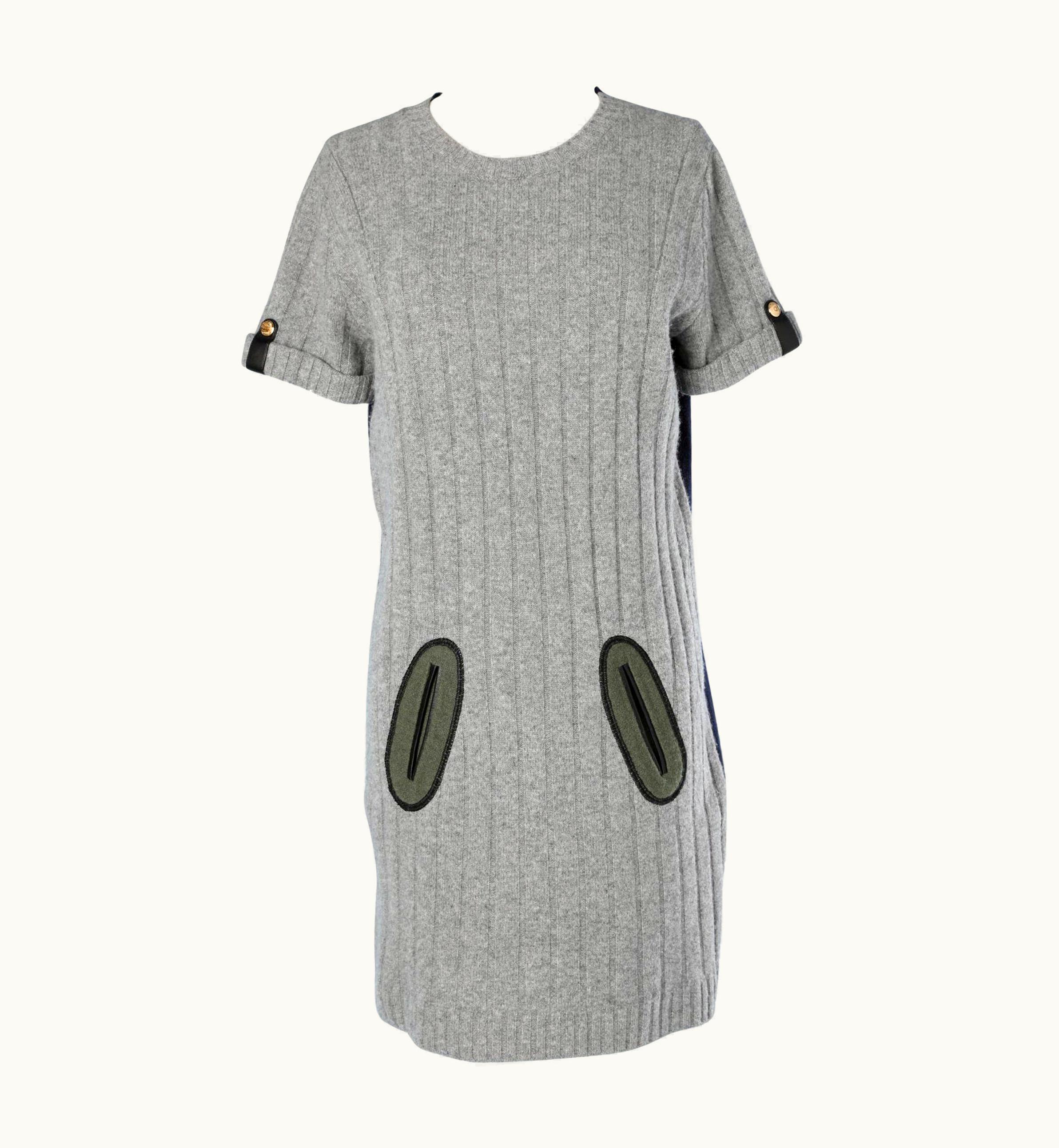 Louis Vuitton Bicolore Grey And Navy Knit Dress With Leather Details Louis Vuitton