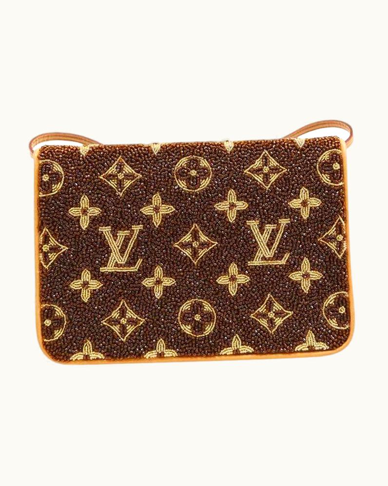 Louis Vuitton Lv Limited Edition Brown Gold Perlee Bead Evening Shoulder Bag